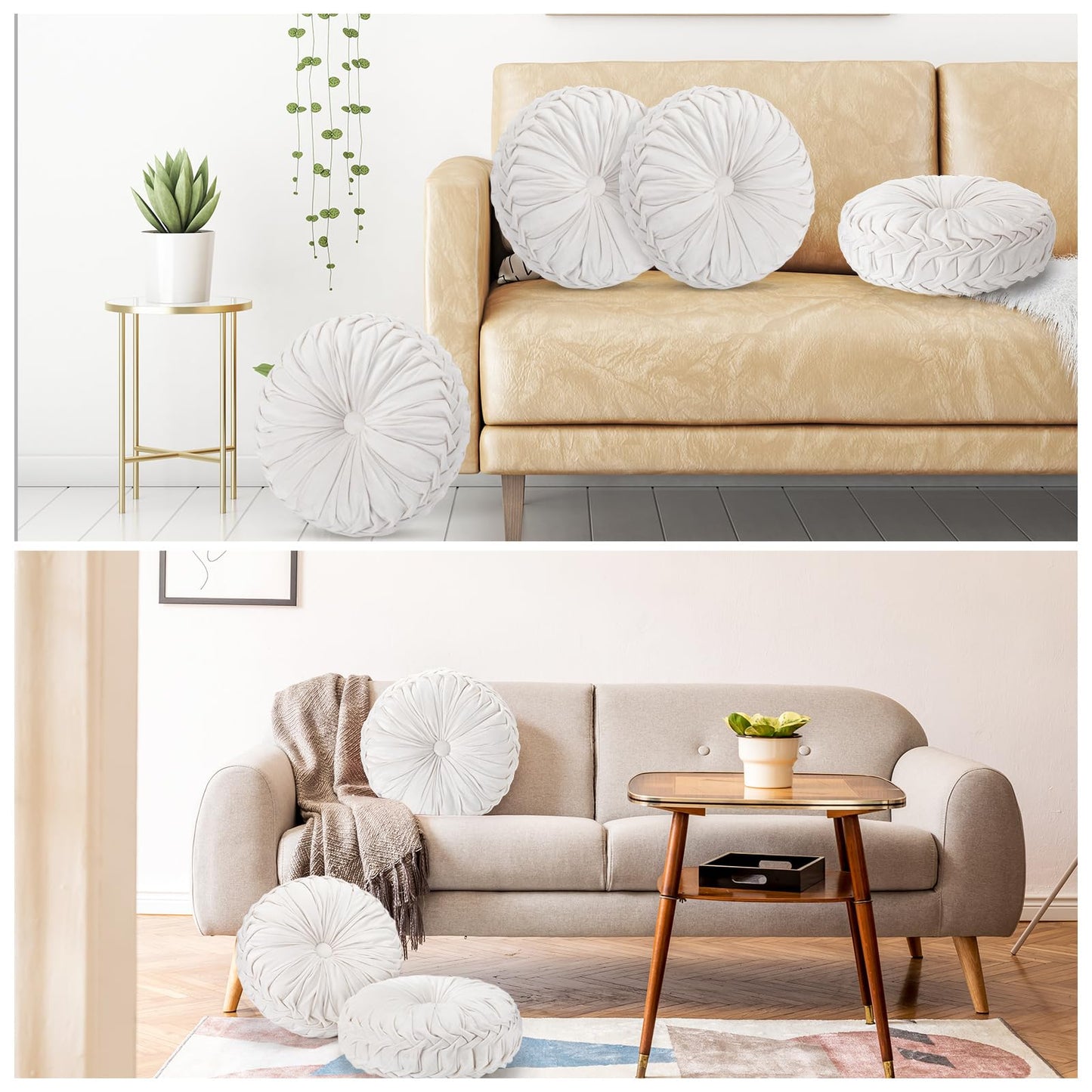 Beeveer 4 Pcs Round Throw Pillows 15 Inch Decorative Velvet Pleated Pumpkin Pillows Boho Floor Pillow with Center Button for Living Room Couch Chair Bed Sofa Home Decoration (Ivory)