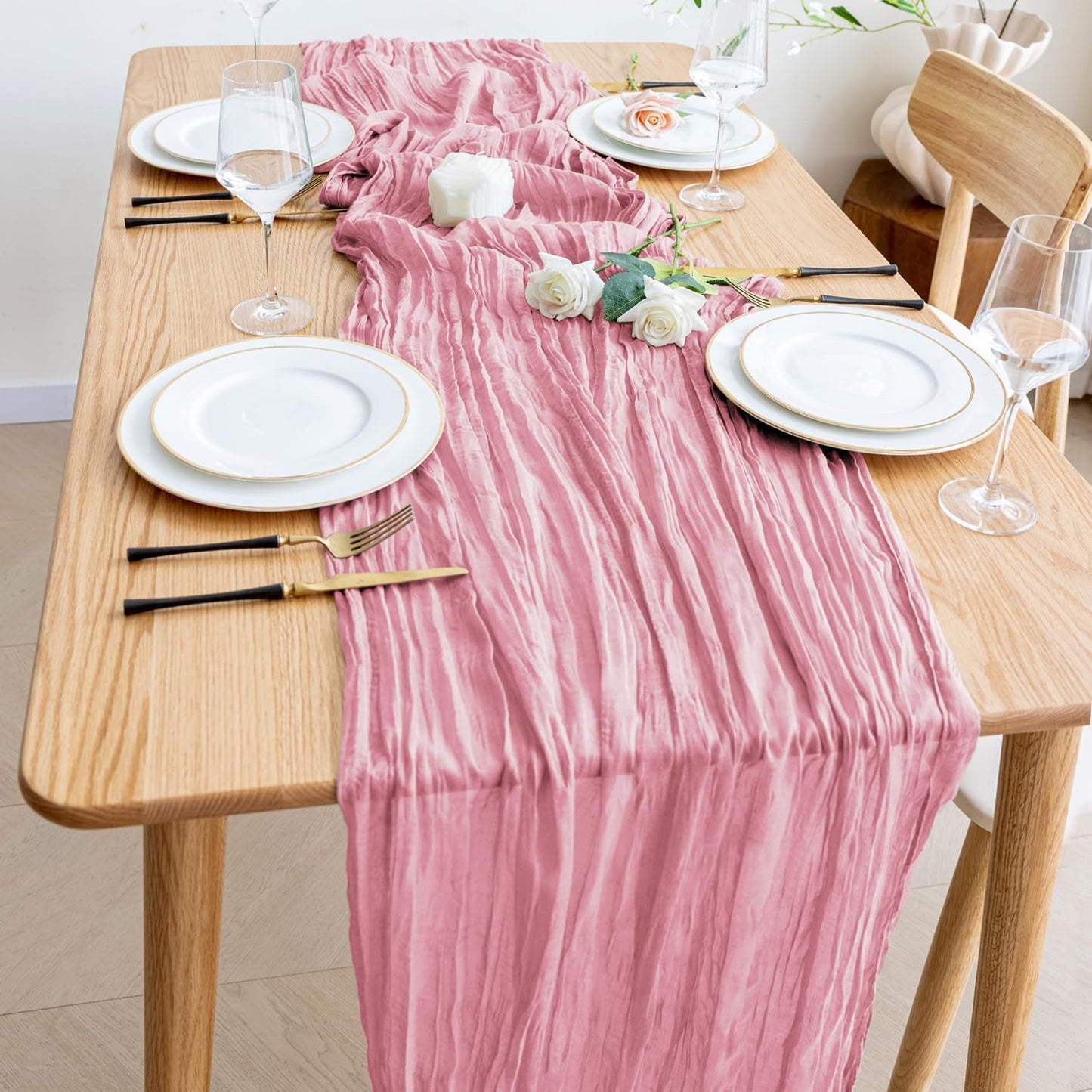 Wokceer Cheesecloth Table Runner - 10FT Pink Boho Gauze for Rustic Party & Wedding Decor | 6-Pack