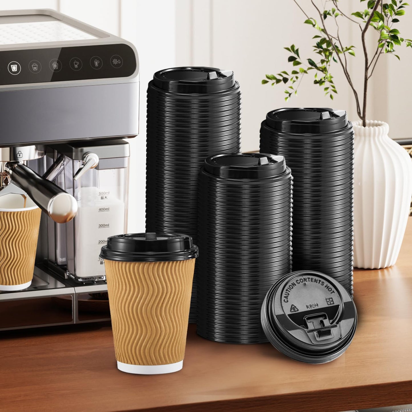 SIUQ 150 Pack Coffee Cup lids, Disposable Plastic Cup Lids for 10, 12, 16, 20, 24 oz Paper Cups, Hot/Cold Drinking Cup Lids, 3.54 Inches/90 mm Diameter - Black