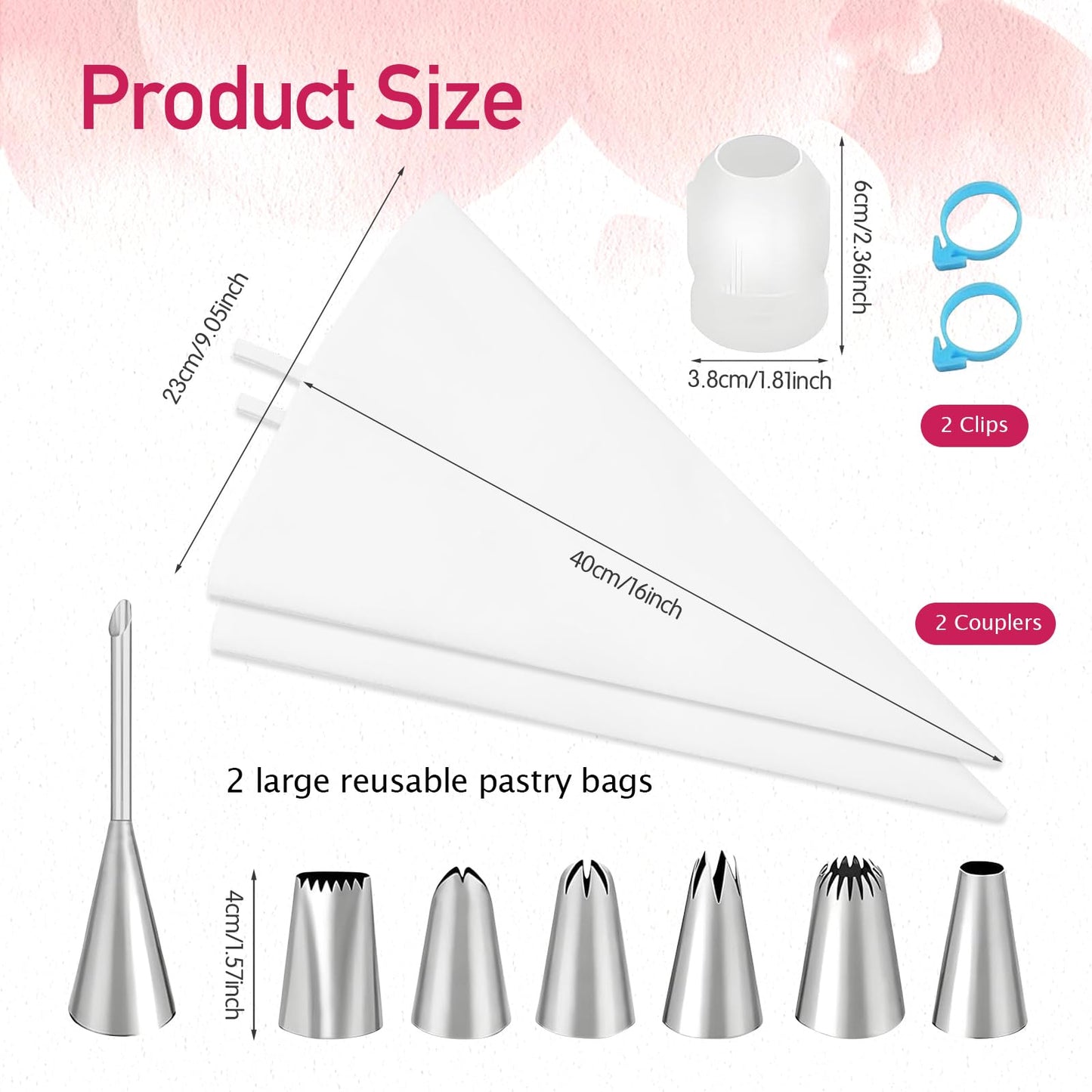 14pcs Reusable Piping Bags and Tips Set,16inch Cotton Baking Kit with Coupler,for Cake Decorating, Cupcakes, Cookies, Home Bakers, Chefs