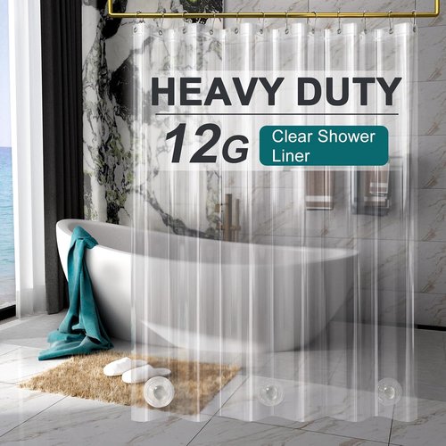 AmazerBath Heavy Duty Shower Curtain Liner - 12 Gauge, 72 x 78 Inches, Clear with 3 Weights & 12 Grommets