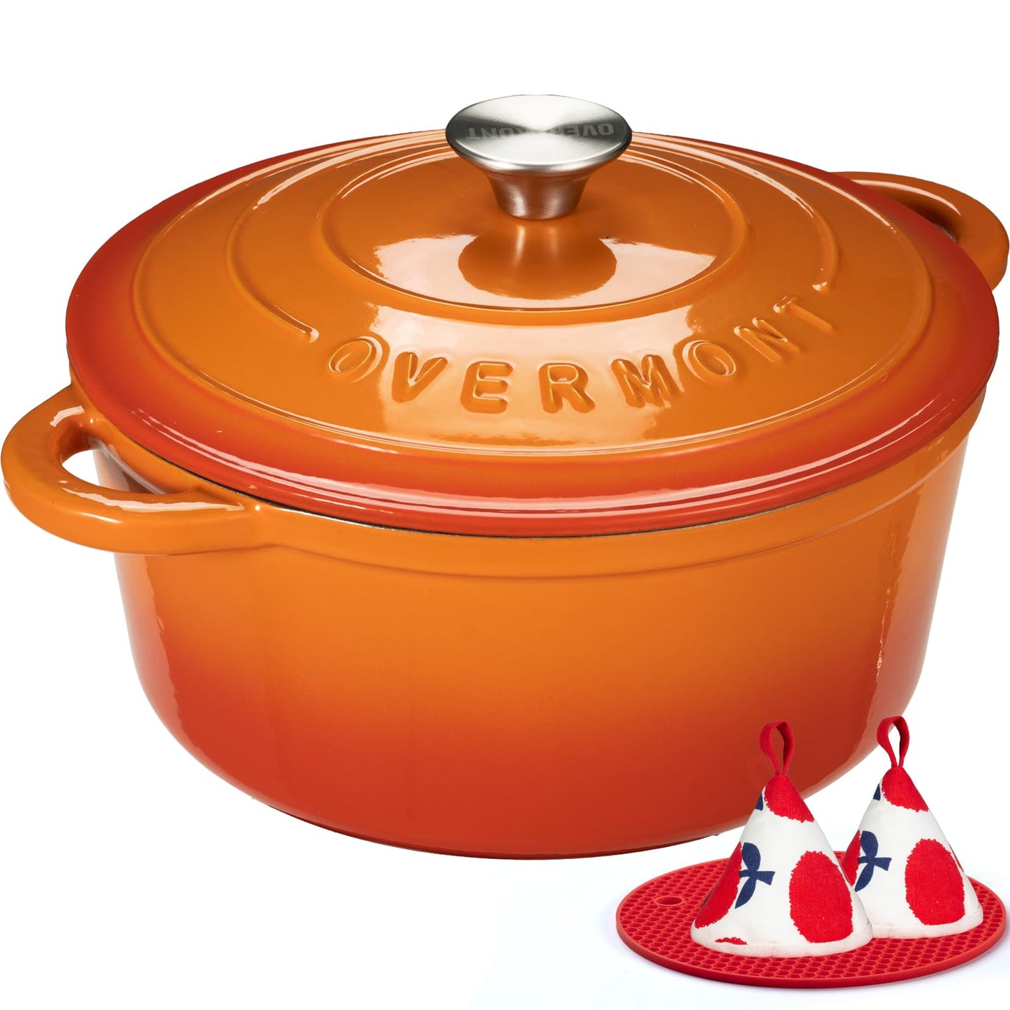 Overmont Enameled Cast Iron Dutch Oven - 7QT Pot with Lid Cookbook & Cotton Potholders - Heavy-Duty Cookware for Braising, Stews, Roasting, Sourdough Baking orange