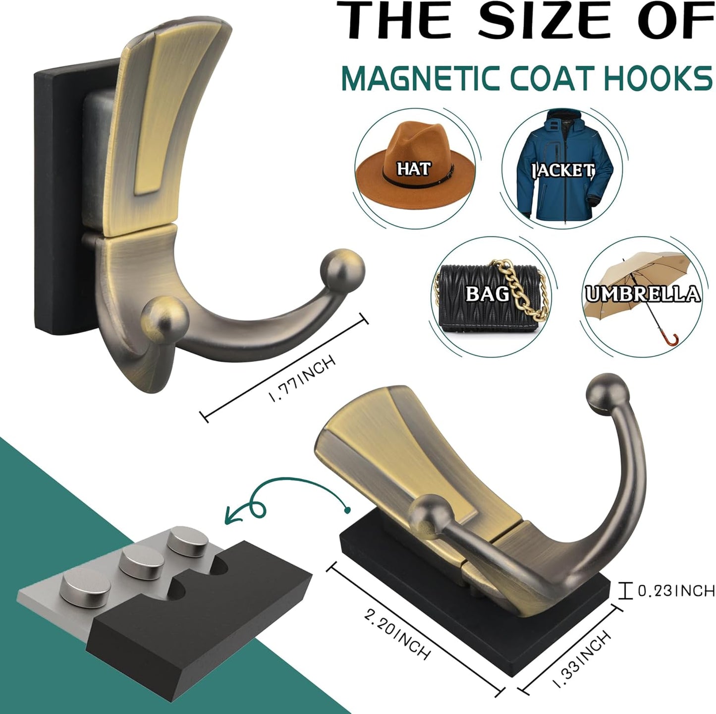 ULIBERMAGNET Magnetic Coat Hooks - Retro Heavy-Duty Double Hooks for Metal Doors & Kitchens | Ideal for Towels, Coats, Bags & Umbrellas