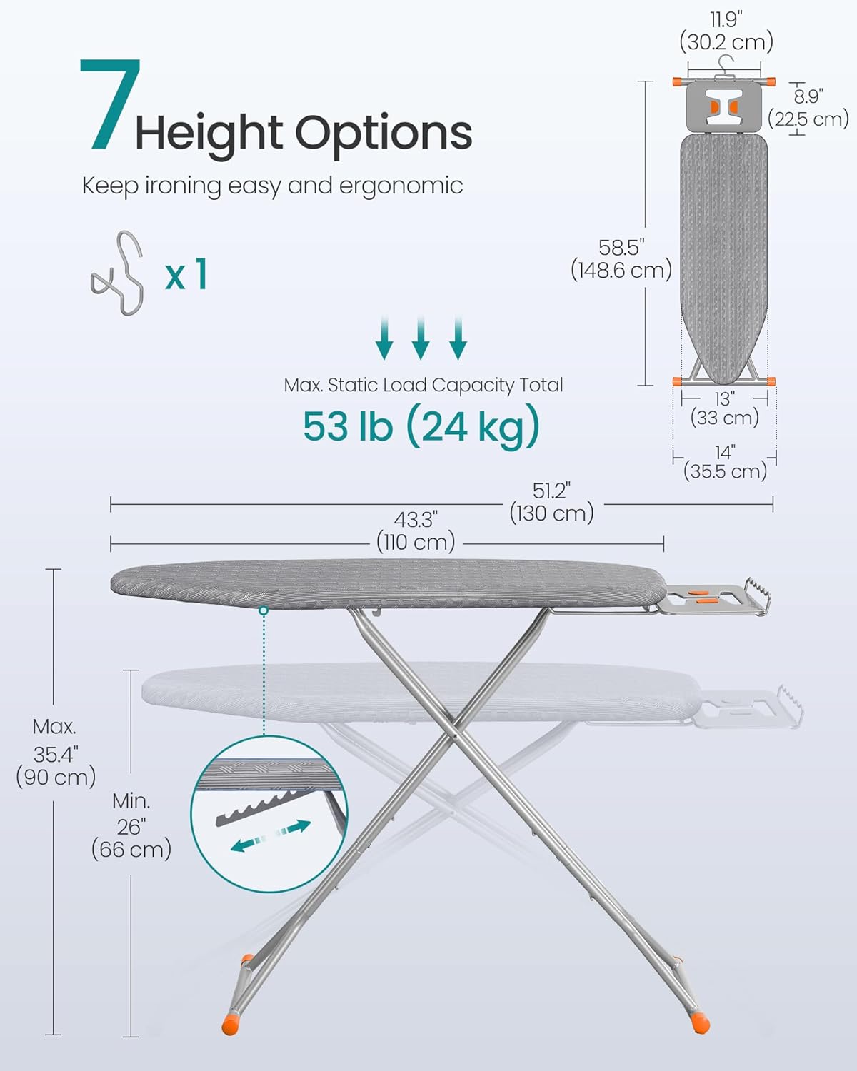 SONGMICS Ironing Board - Foldable & Height Adjustable with Retractable Iron Rest - 43 x 13 Inches, Dove Gray