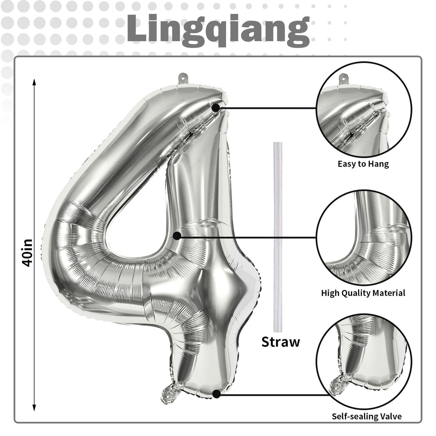 Silver Number Balloons, 40inch Large Number 4 Foil Helium Balloons for Girls Women, Self Inflating Number Balloons 0-9 for Men Boys 4th 14th 40th Birthday Anniversary Party Celebration Decoration