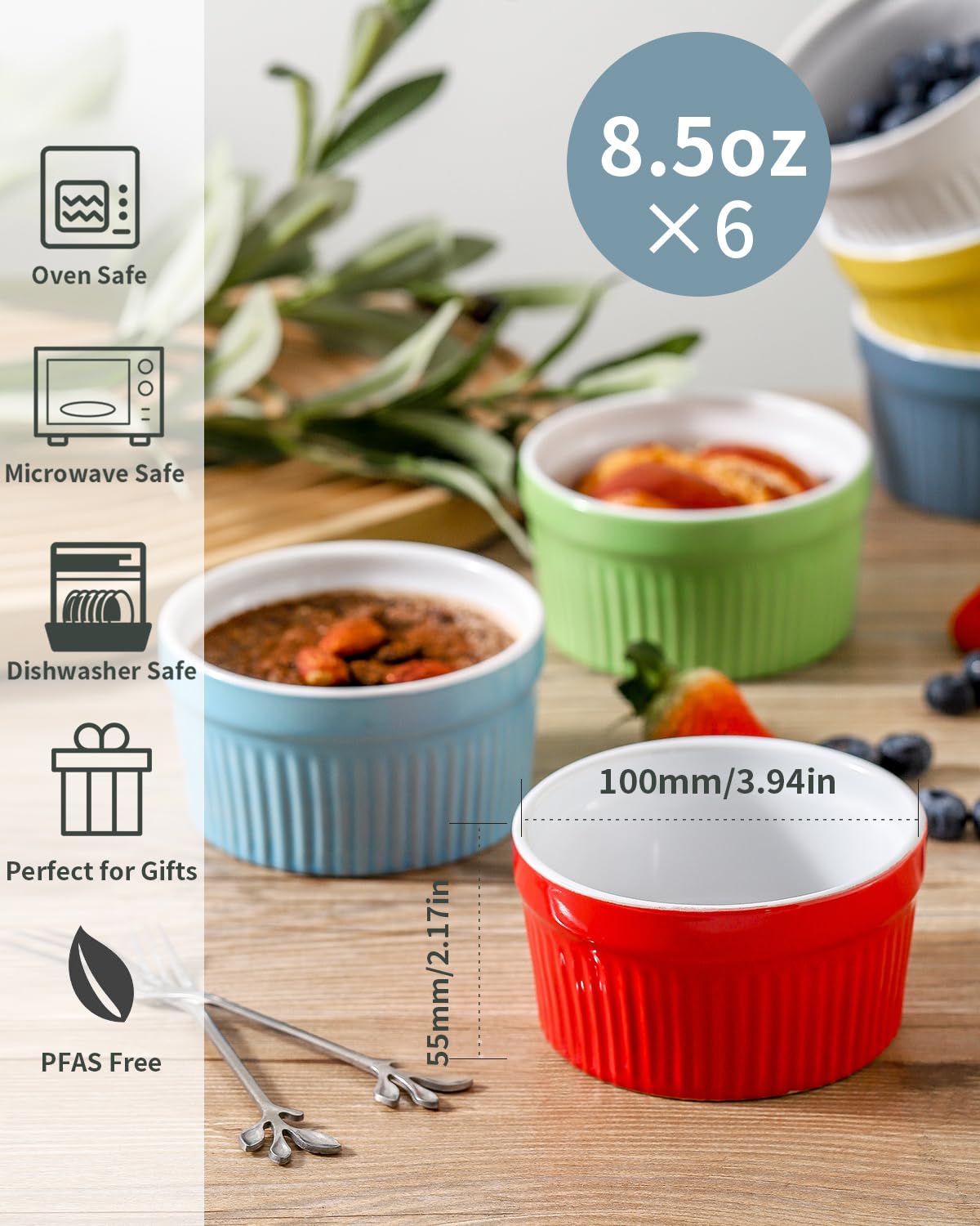 Hasense Ceramic Ramekins, 8 oz Creme Brulee Ramekins Set of 6, Porcelain Souffle Cups for Pudding, Dipping Sauce, Ice Cream, Custard, Ceramic Baking Dish, Dishwashing Safe, White