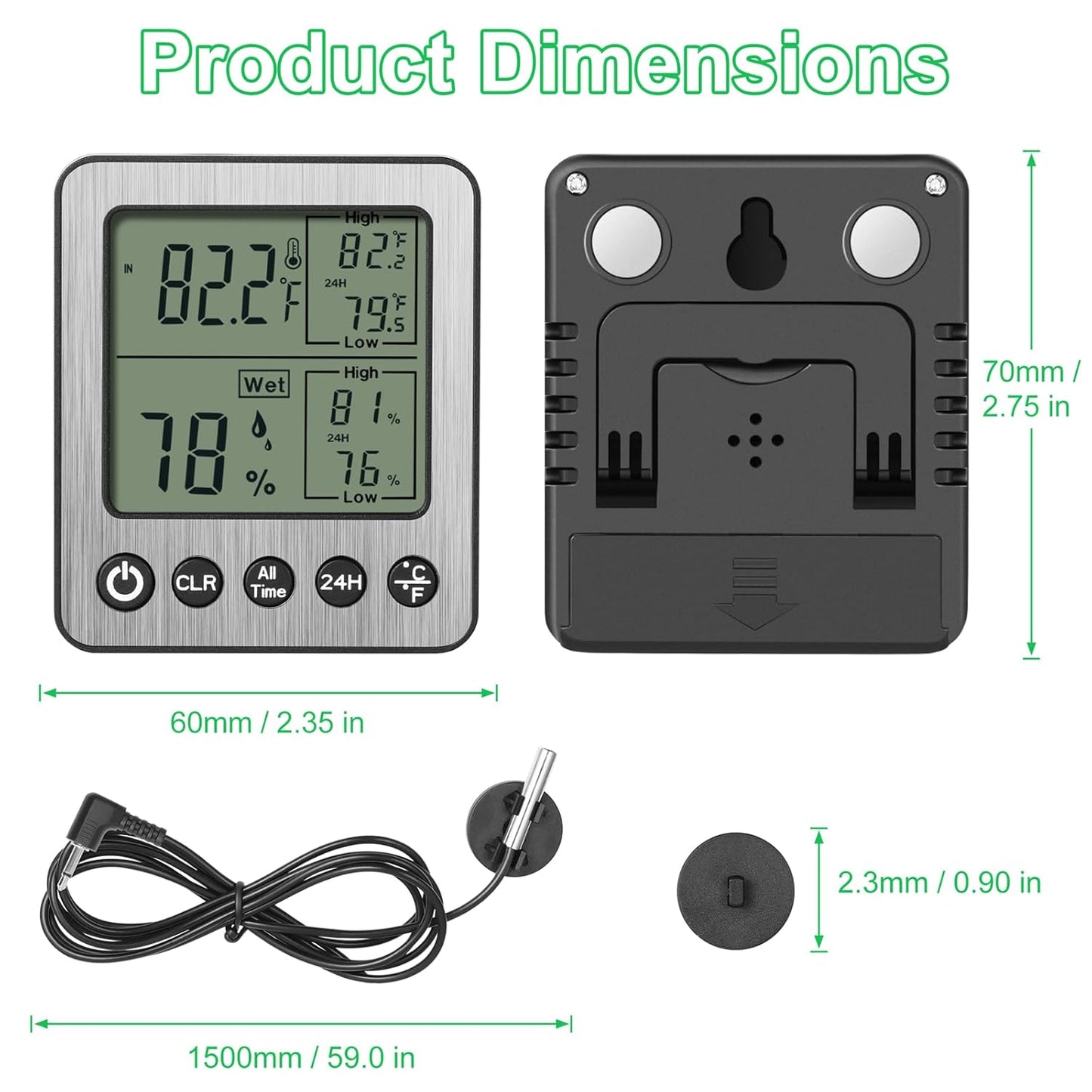 ZZ20 Digital Refrigerator Freezer Thermometer - Extra Sensor & Hygrometer with Max/Min Memory - Black