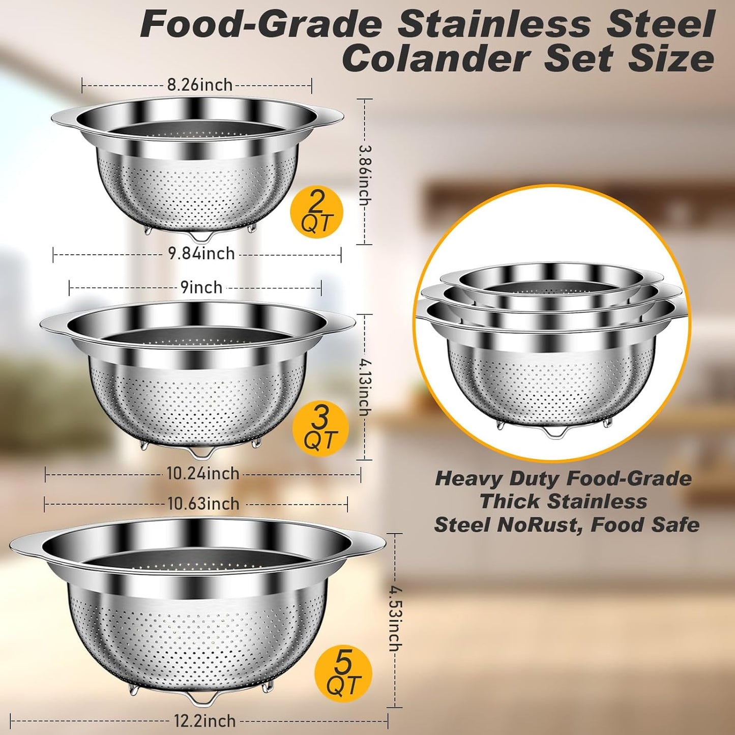 Stainless Steel Colander Set by [Brand Name] - 3-Piece Kitchen Strainer with Handles | Perfect for Pasta, Vegetables & Fruits (2QT, 3QT, 5QT)