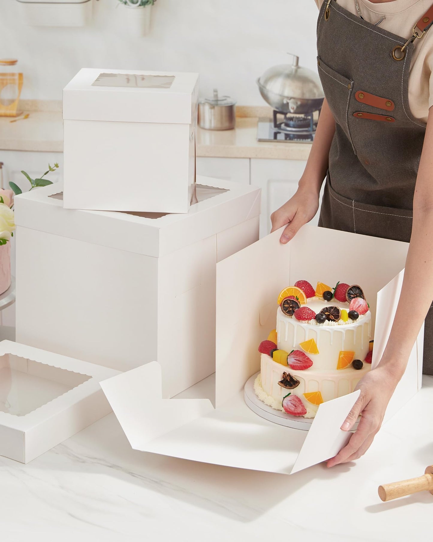 Kootek Cake Box with Board Drum, 10x10x10 Inches Tall Bakery Box with Window, Disposable Cake Container with Lid for Cake, Treat Cookie Dessert, Pastry, Birthday Party, Weddings