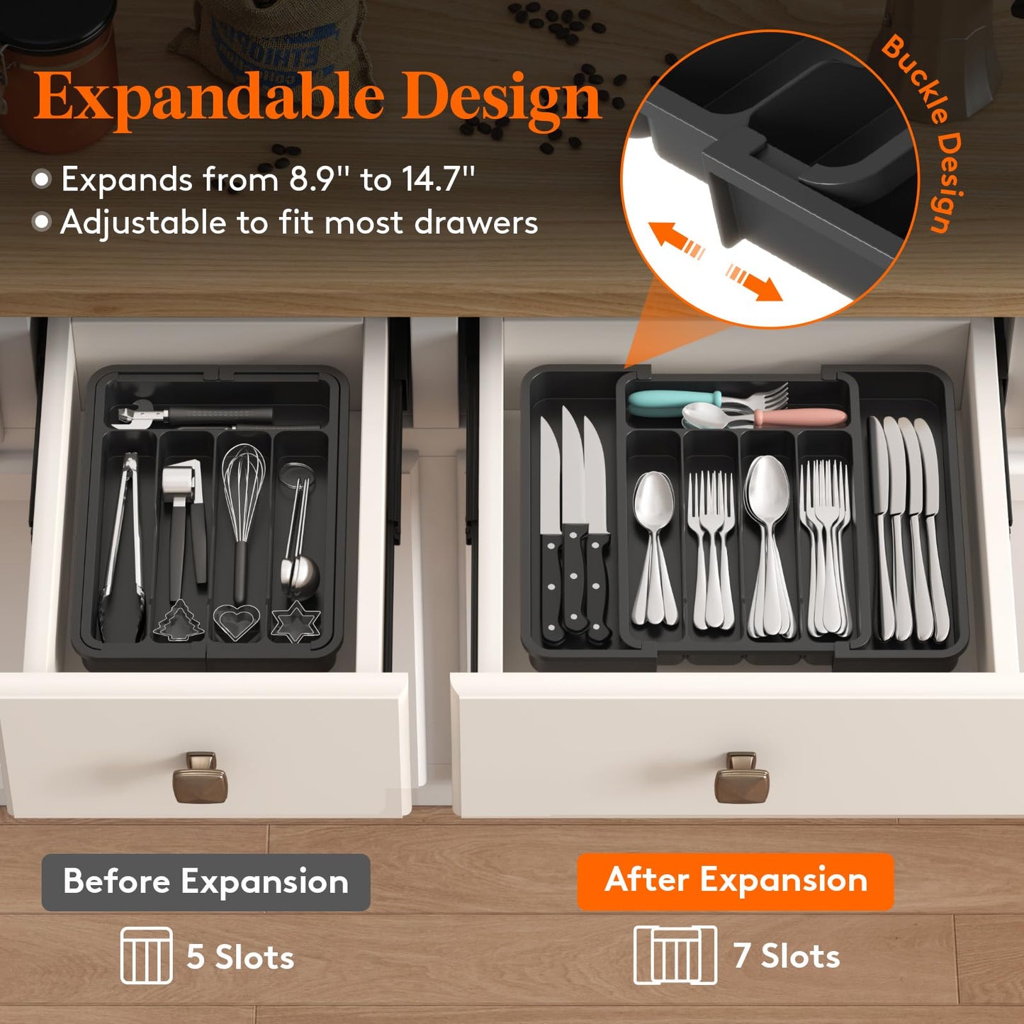 Lifewit Silverware Drawer Organizer, Expandable Utensil Tray for Kitchen, BPA Free Flatware and Cutlery Holder, Adjustable Plastic Storage for Spoons Forks Knives, 8.9-14.7 x 12.2", Gray