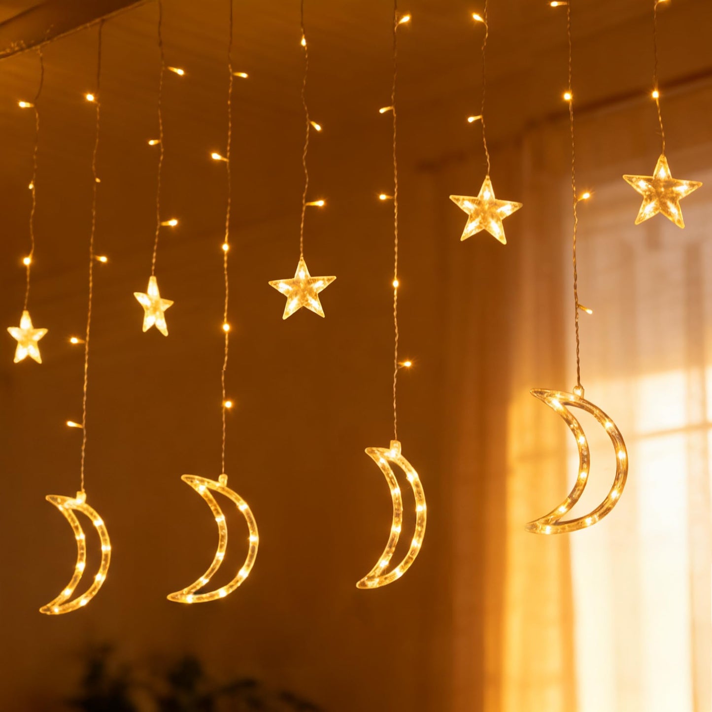 TW SHINE Ramadan Star Moon Curtain String Lights, 138 LED 8.2 FT Star Moon Hanging Lights with 8 Modes and Timer, Waterproof Fairy Lights for Indoor Outdoor Window Holiday Mubarak Ramadan Decorations