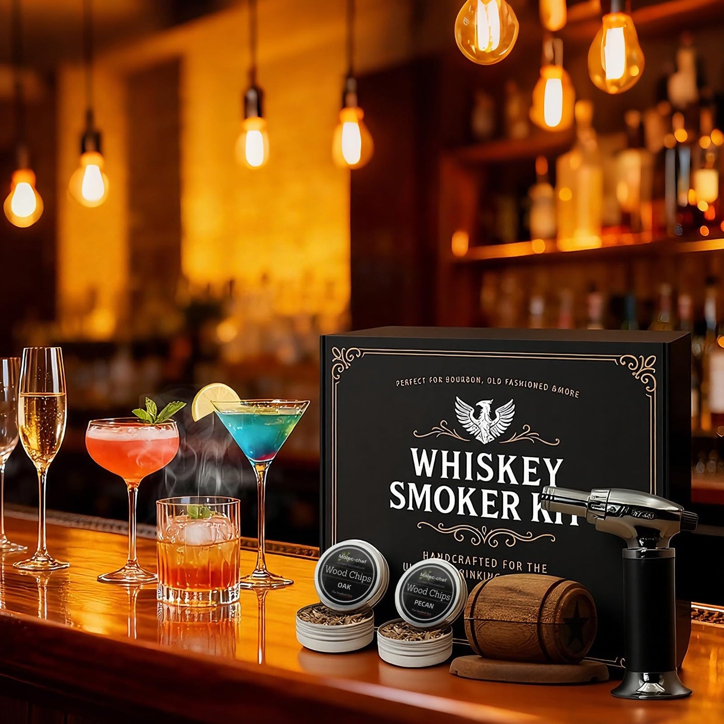 Whiskey Bourbon Cocktail Smoker Infuser Kit with Torch - 6 Flavors Wood Chips for Old Fashioned Drinks, Unique Anniversary Christmas Housewarming Gifts for Men,Dad,Father,Husband,Birthday (No Butane)
