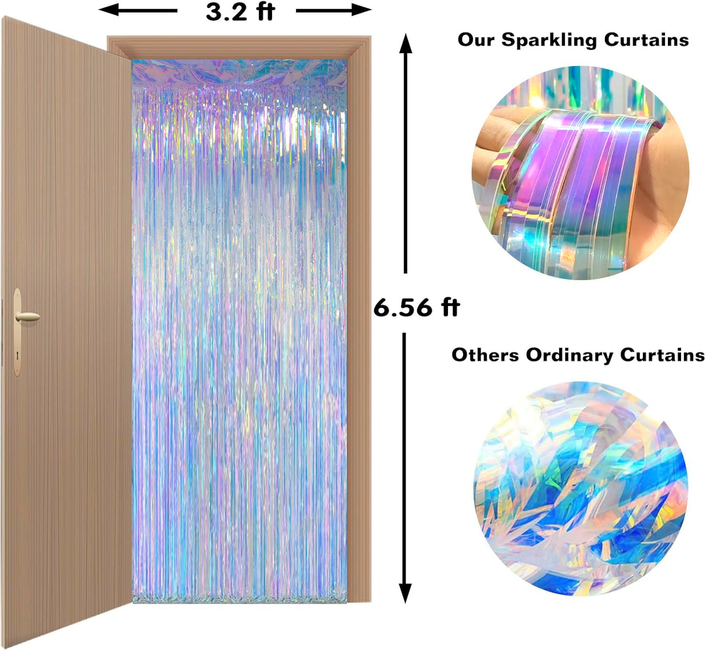 Melsan Iridescent Foil Fringe Backdrops Party Decorations - 3.2 x 6.56 ft Metallic Tinsel Photo Backdrop Curtains for Ocean Princess Birthday Parties - Iridescent 2 Packs