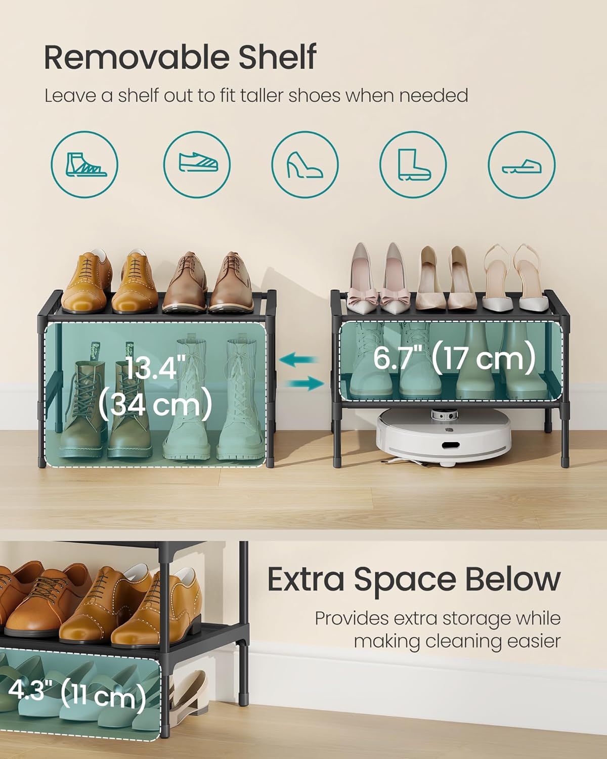 SONGMICS 2-Tier Shoe Rack - Space-Saving Organizer with Metal Frame & Non-Woven Fabric Shelves | Ink Black, 11.7 x 16.5 x 12.2 Inches