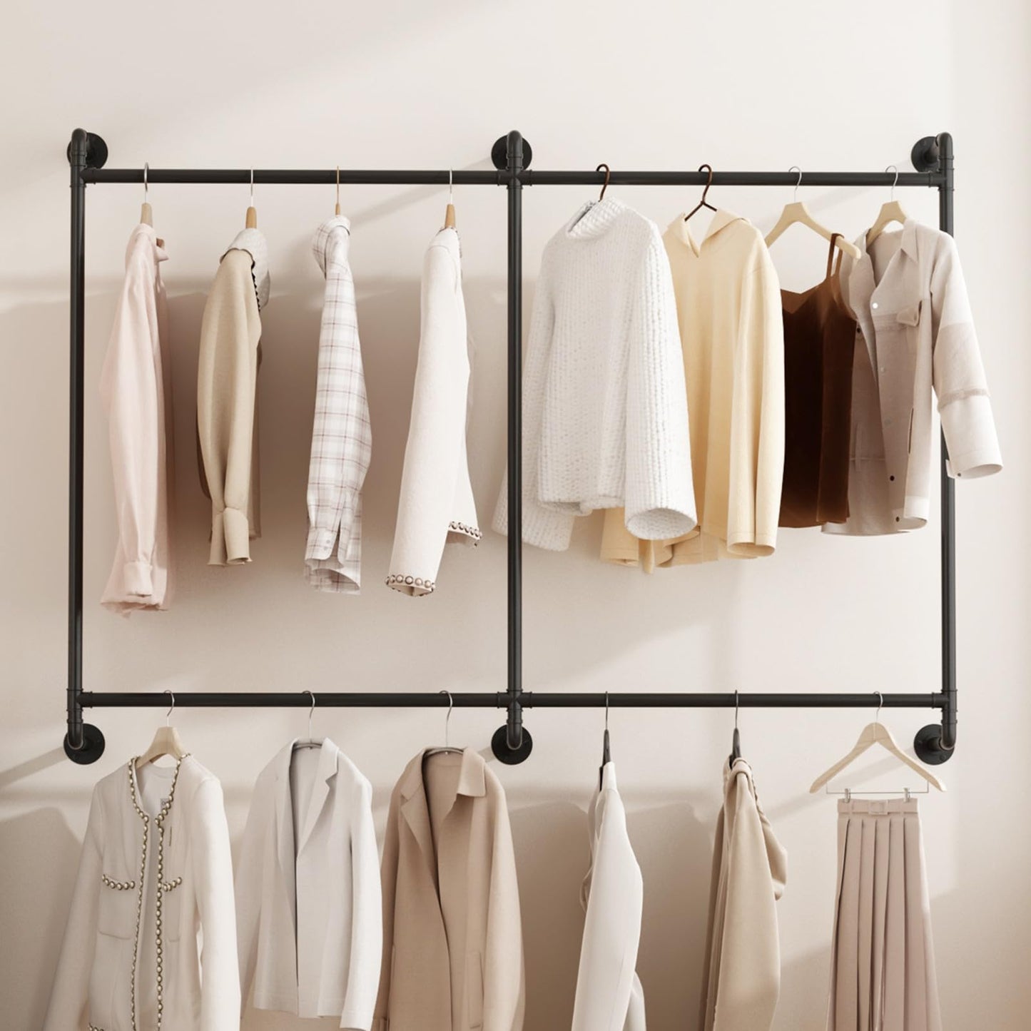 MaiRHK Industrial Pipe Clothing Rack Wall Mounted Clothes Rack Heavy Duty Closet Rod for Retail, Laundry Room, Bedroom (Black)-2 Tier Black