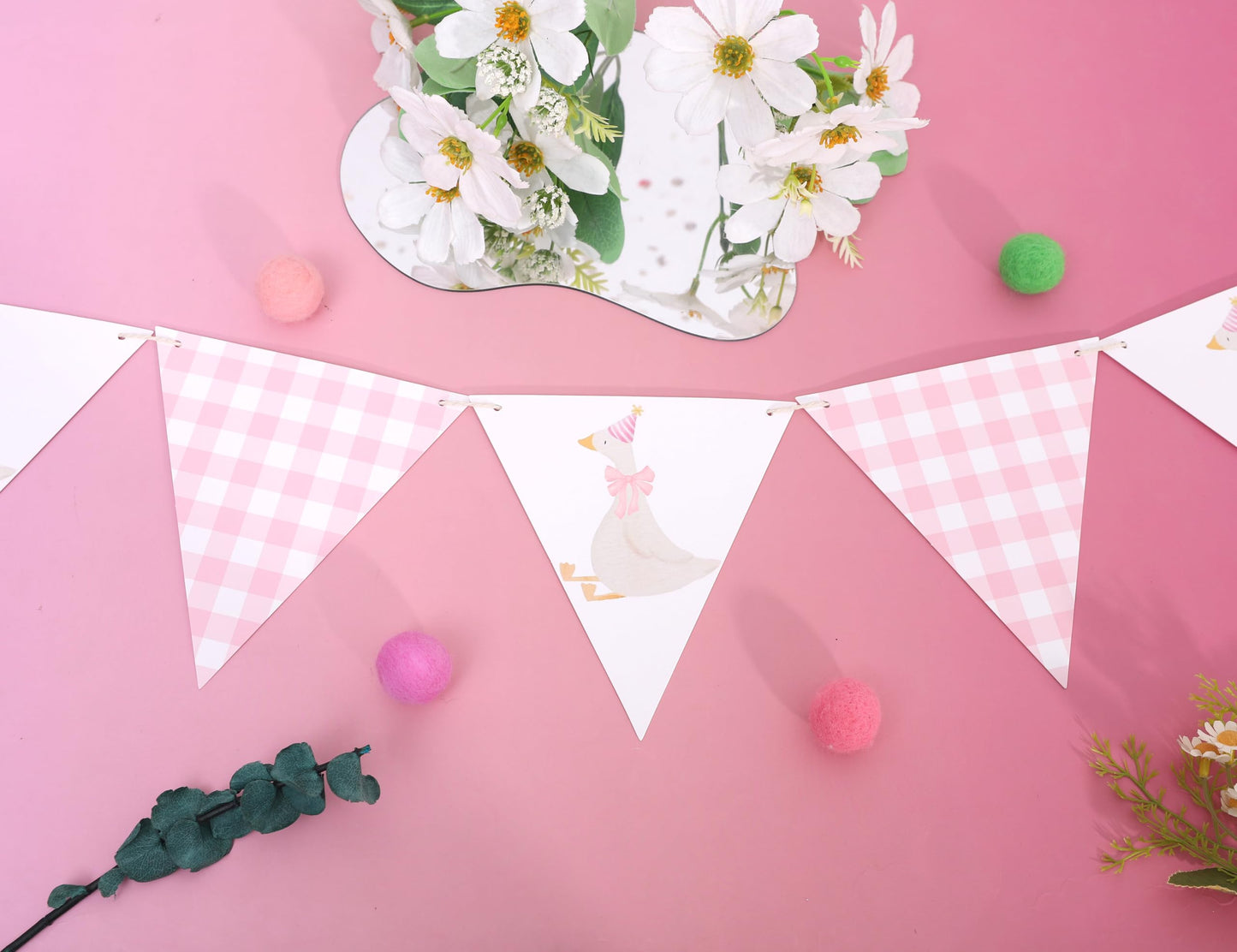 One Silly Goose Birthday Banner - Silly Goose Party Decorations,Baby Shower Gingham Banner,Fabric Bunting First/1st Birthday (pink)