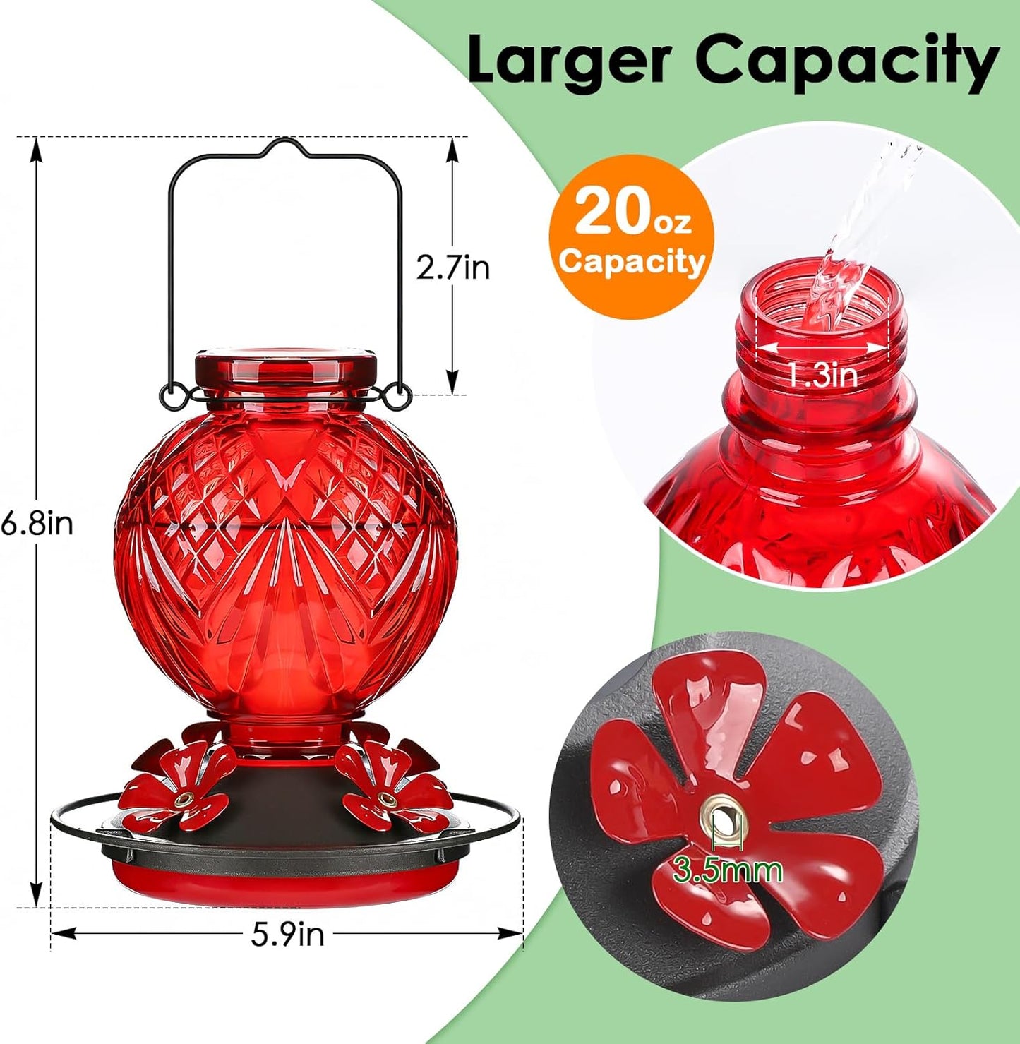 Skiennix Glass Hummingbird Feeder - 20oz Outdoor Nectar Feeder with 4 Flower Ports & Ant Moat, Red