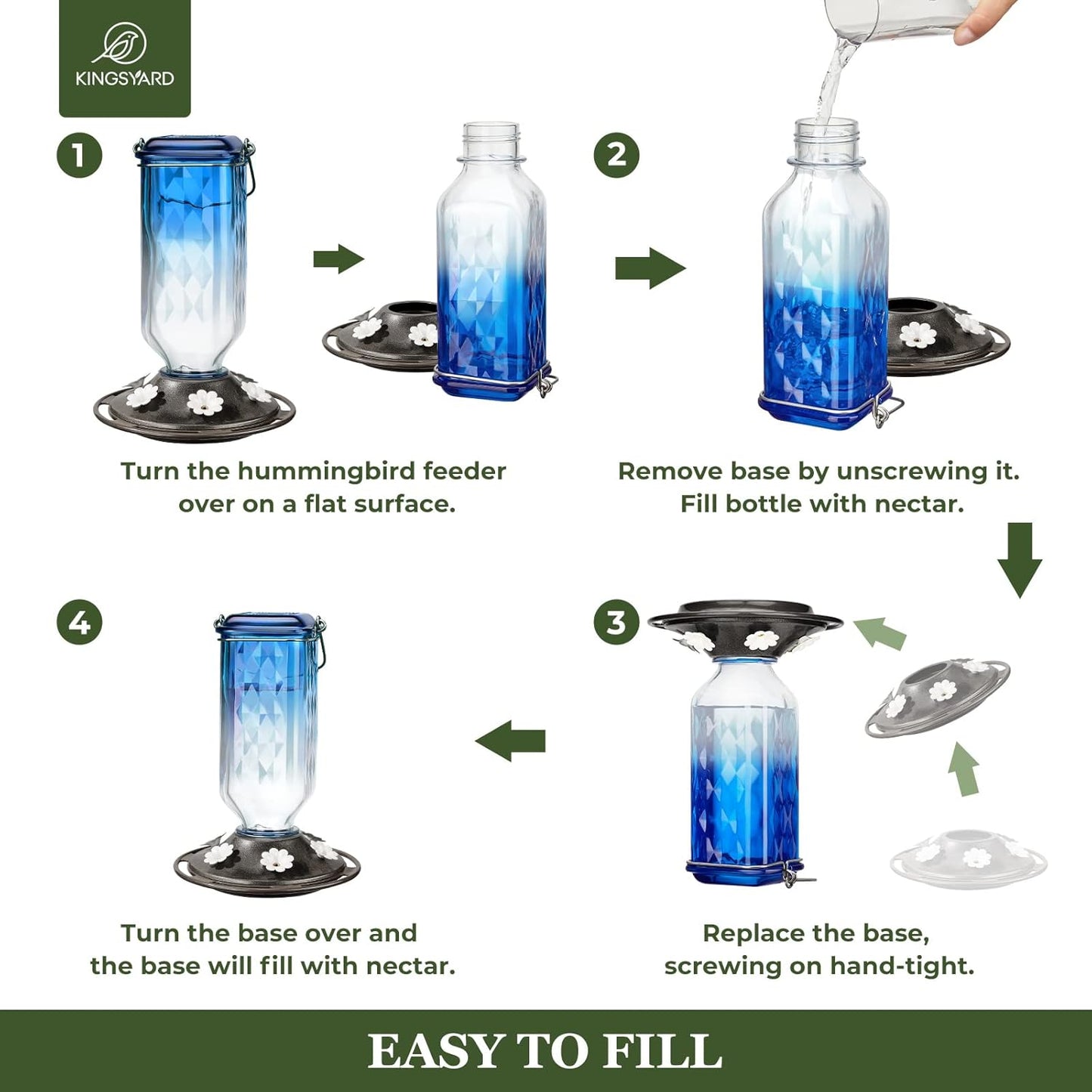Kingsyard Hummingbird Feeder - 24 Ounce Glass Design with 6 Feeding Ports & Ant Moat | Blue Garden Décor