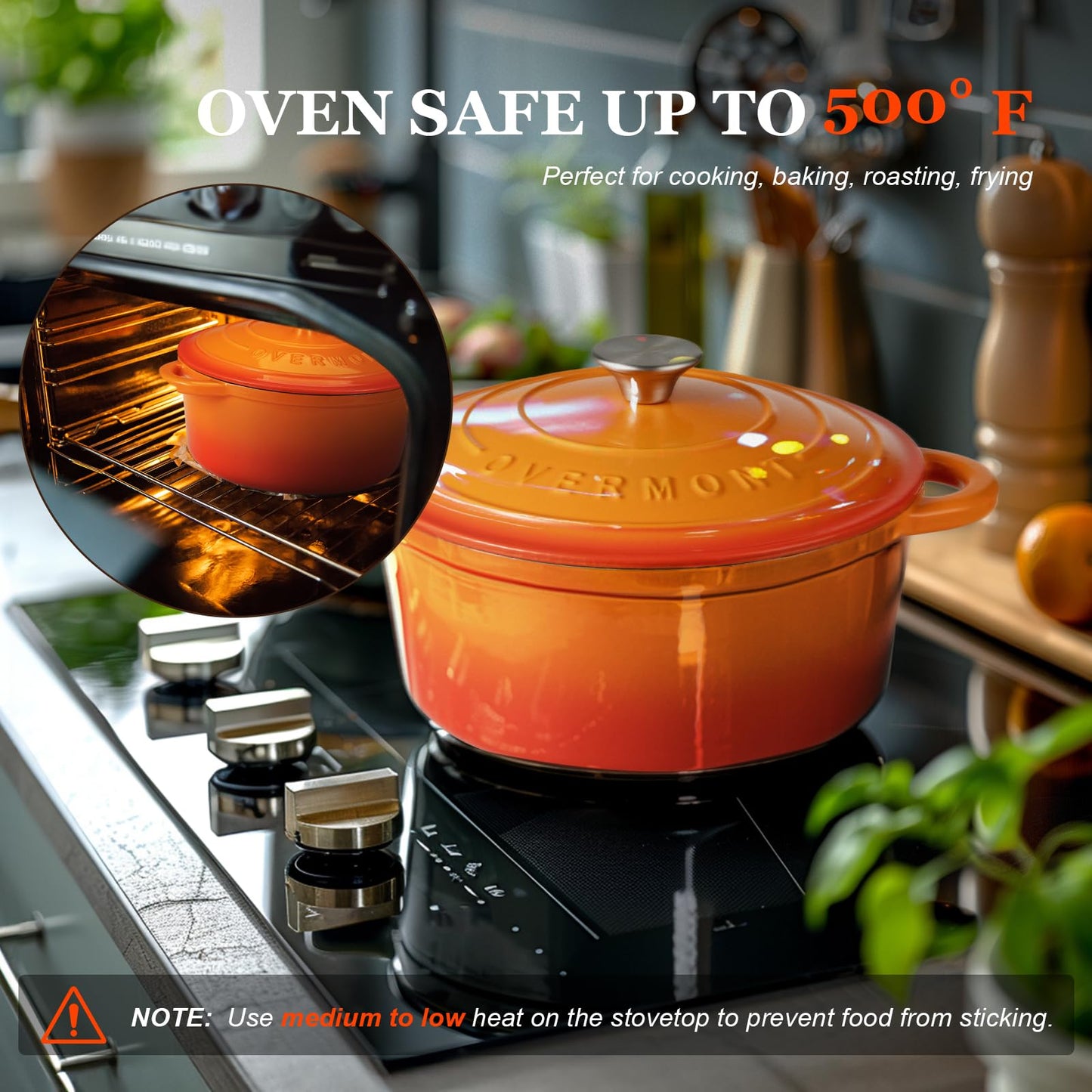 Overmont Enameled Cast Iron Dutch Oven - 7QT Pot with Lid Cookbook & Cotton Potholders - Heavy-Duty Cookware for Braising, Stews, Roasting, Sourdough Baking orange