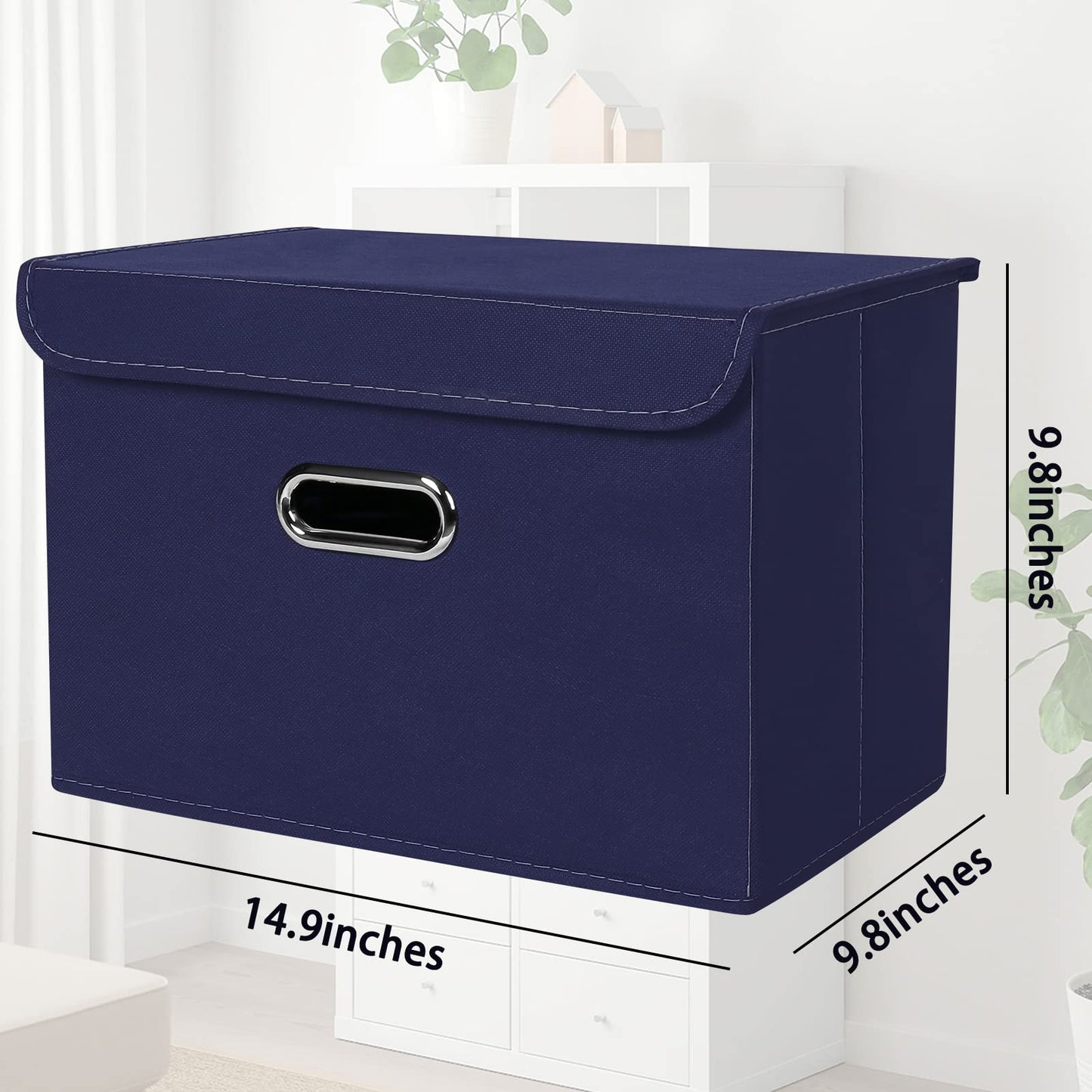 STOREONE Fabric Storage Cube Bins Foldable Organizer Container Collapsible Basket with Lids and Metal Handles, for Home, Bedroom, Closet 8 Pcs (Navy Blue)