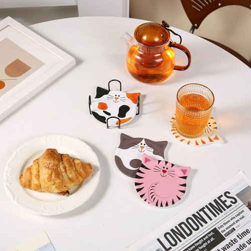 Auxmeware Coasters Set of 4, Cute Marble Cup Coaster with Holder for Drinks, Absorbent Coasters, Modern Table Coaster, Cat