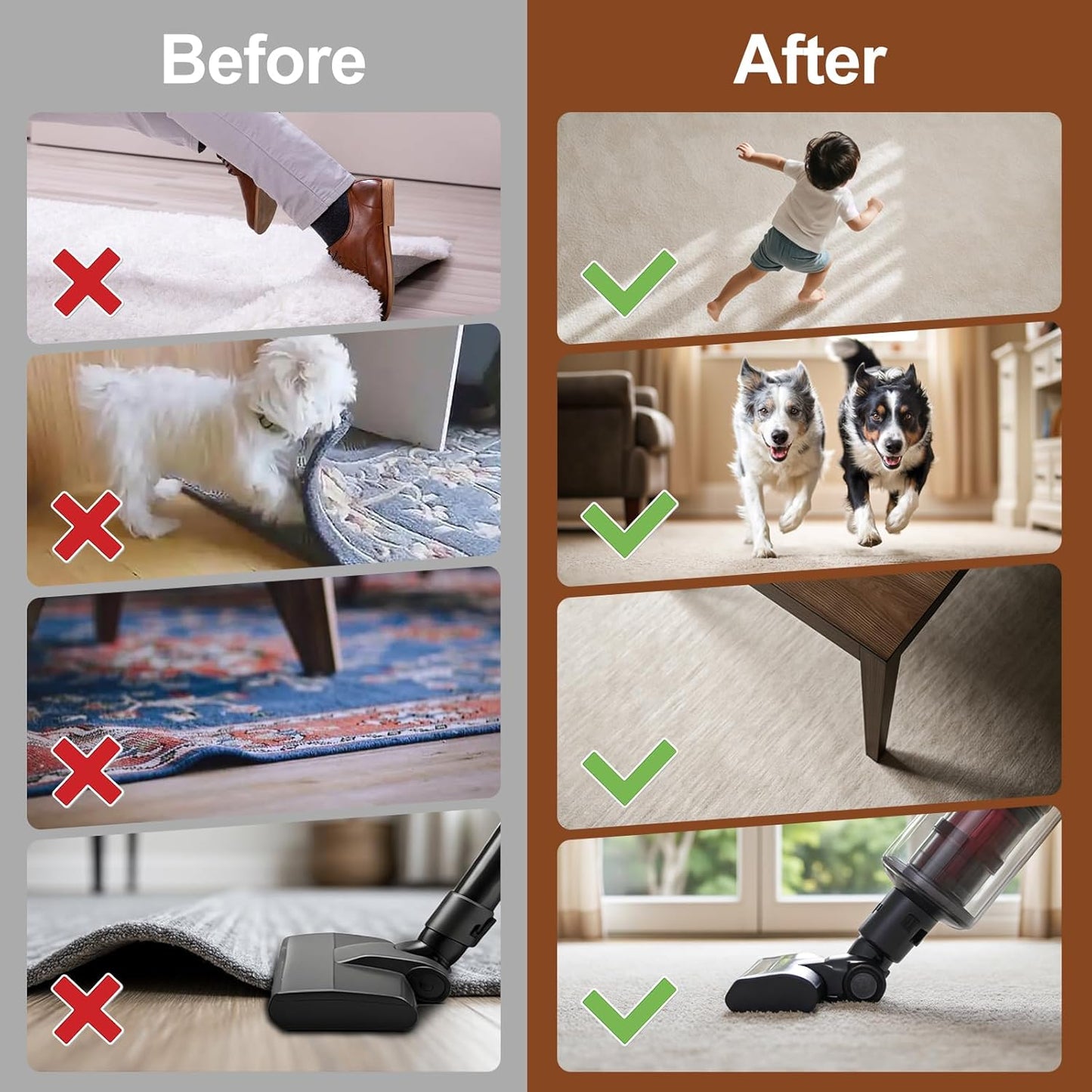 Skiennix Non-Slip Rug Grippers - Dual-Sided Adhesive Pads to Keep Corners Flat | 8 Reusable & Washable Pads for Hardwood Floors and Tiles