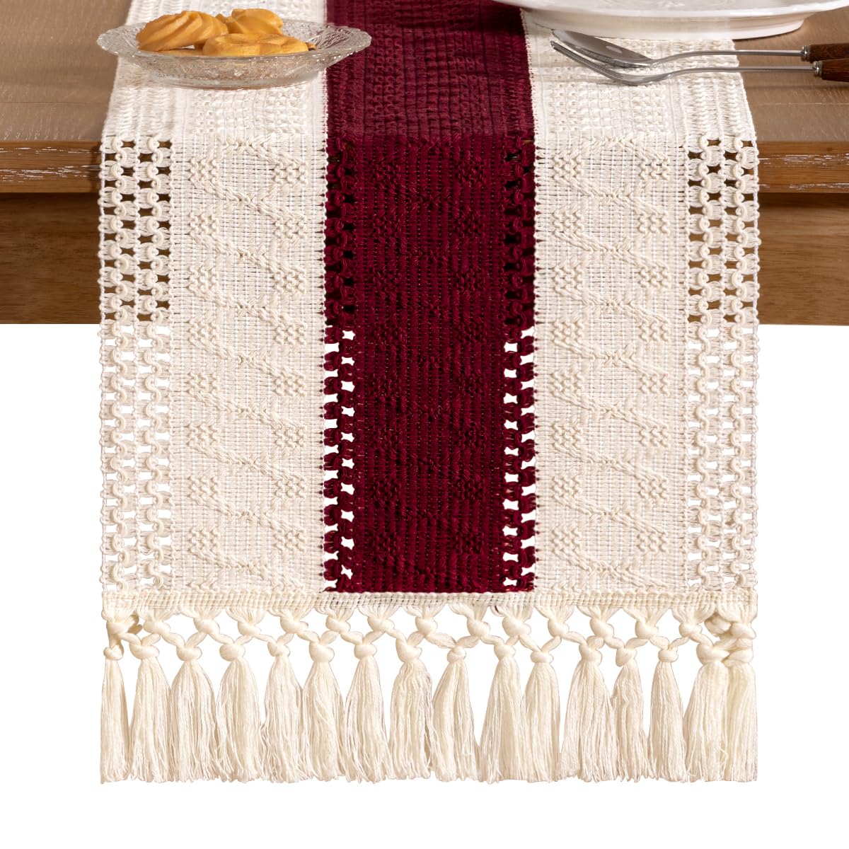 Socomi Boho Table Runner Easter Spring Farmhouse Rustic Dining Kitchen Centerpiece Decor Small Macrame Woven Cotton Linen Coffee Table Runner for Dresser Scarf Home Decor 12x36 in Burgundy Ivory