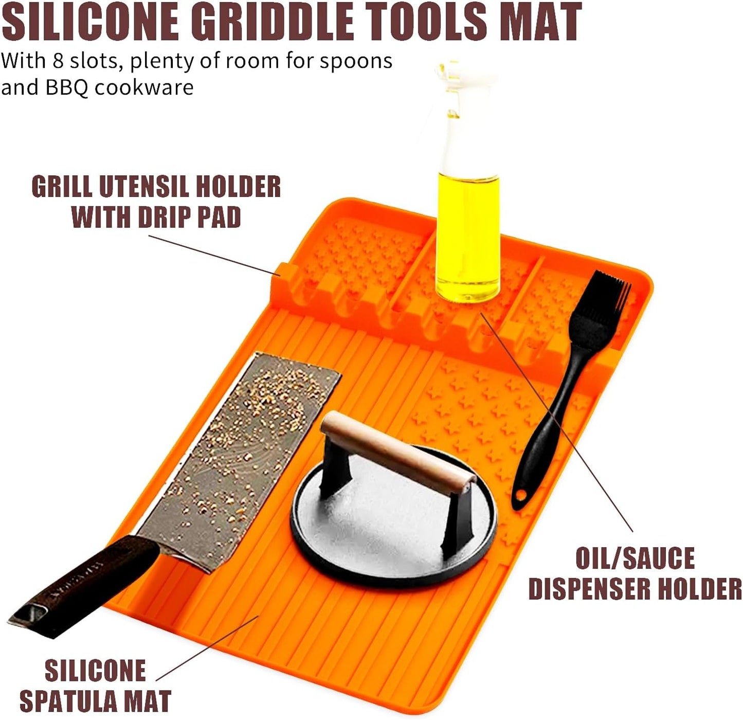 Skiennix Silicone Grill Mat - 2 PCS BBQ Griddle Tools with Drip Pad | Perfect for Outdoor Cooking (Orange)