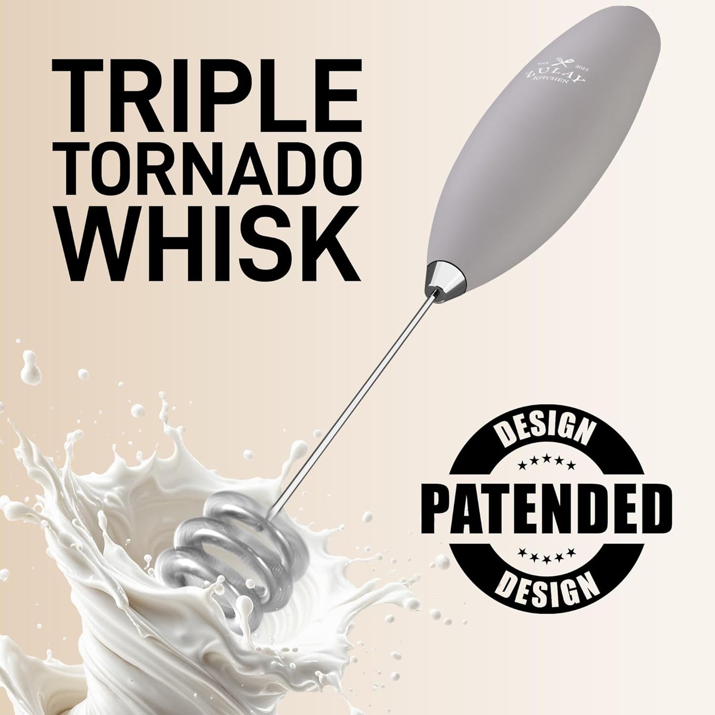 Zulay Kitchen Tornado Triple Whisk Milk Frother - Handheld Foam Maker for Coffee & Lattes | Steel Gray, 4 Batteries Included