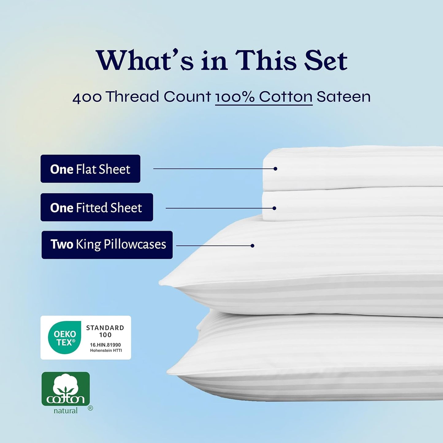 California Design Den King Sheet Set - 100% Cotton, 400 TC, Silky Smooth Sateen, Deep Pockets | Striped White