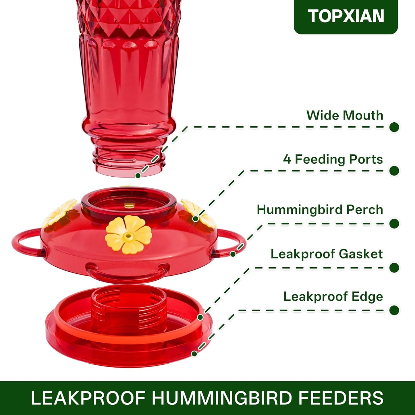 Skiennix Hummingbird Feeders - 14oz Ant & Bee Proof Design | 4 Feeding Ports for Outdoor Garden Decor, Red - 2 Pack