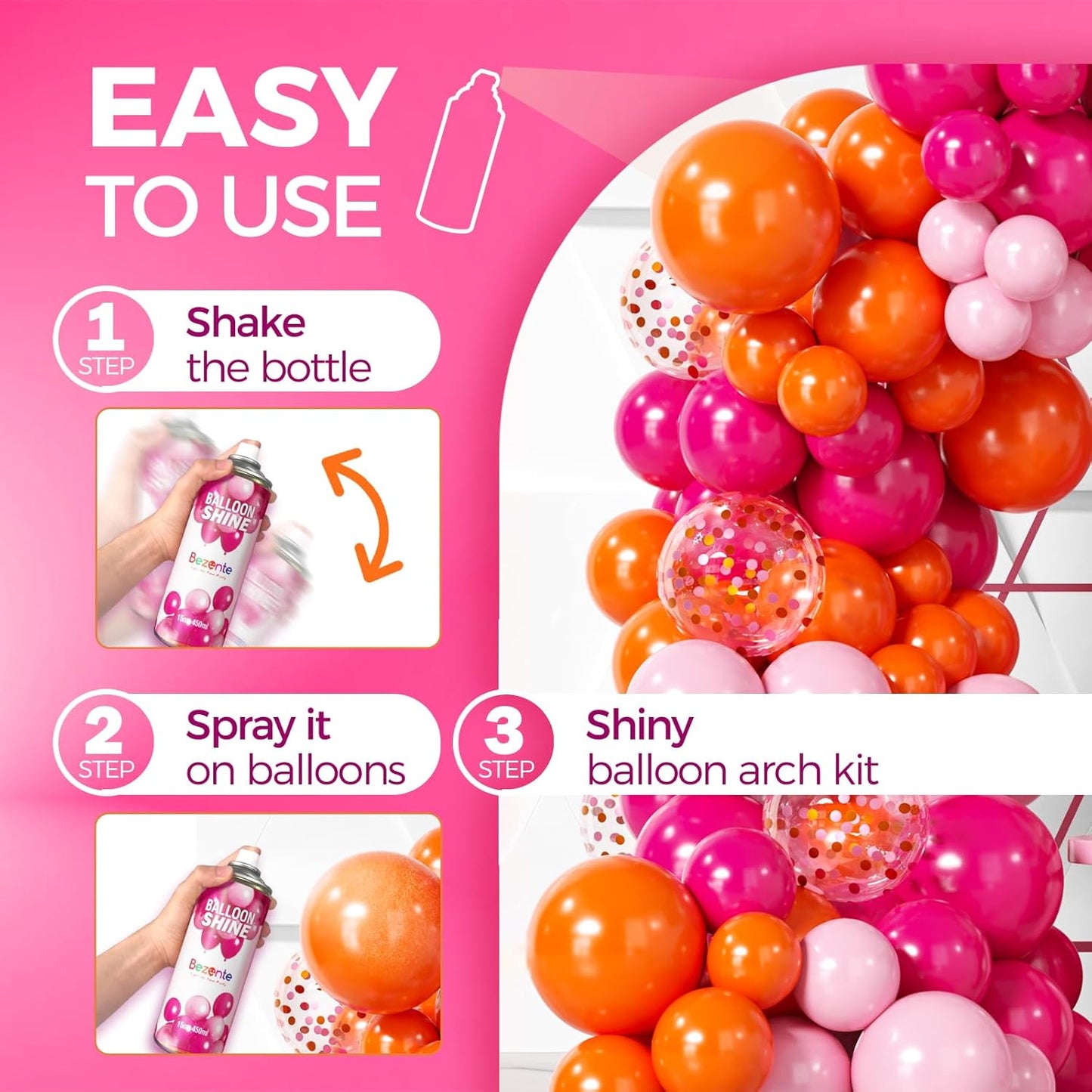 Bezente Balloon Shine Spray - High Shine, Waterproof Formula | 2 x 15oz Dual Nozzles for Precision & Wide Spray