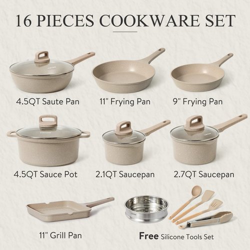 CAROTE Pots and Pans Set Non Stick, 16Pcs Kitchen Cookware Set, Stackable Induction Cookware, Pot and Pan set, Pans for Cooking, Taupe Granite，Pots and Pans Set Non Stick,