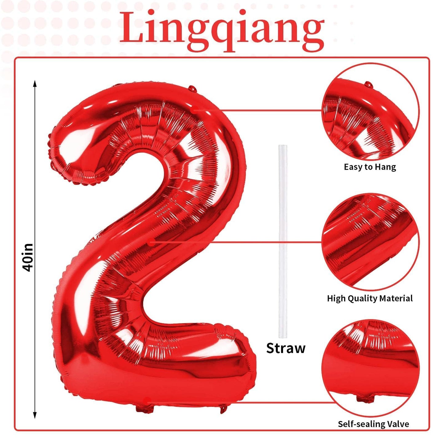 Red 2 Balloons, 40 Inch Giant Helium Foil Number 0-9 for Girls Boys, Self Inflating Digit 2nd Birthday Balloon for Women Men Anniversary Baby Shower New Year Engagement Party Decorations Supplies