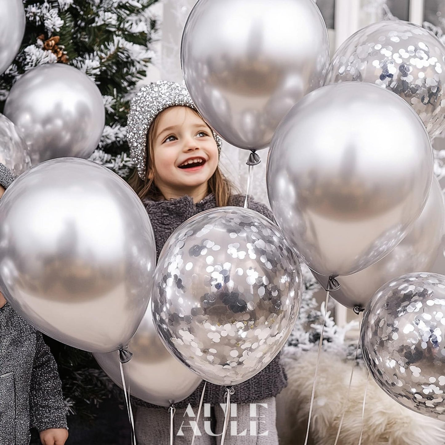 AULE Party Balloons Pack of 42 - Metallic Balloons & Confetti Balloons and 64ft Ribbons - 12 Inch Silver Balloons Decorations Set