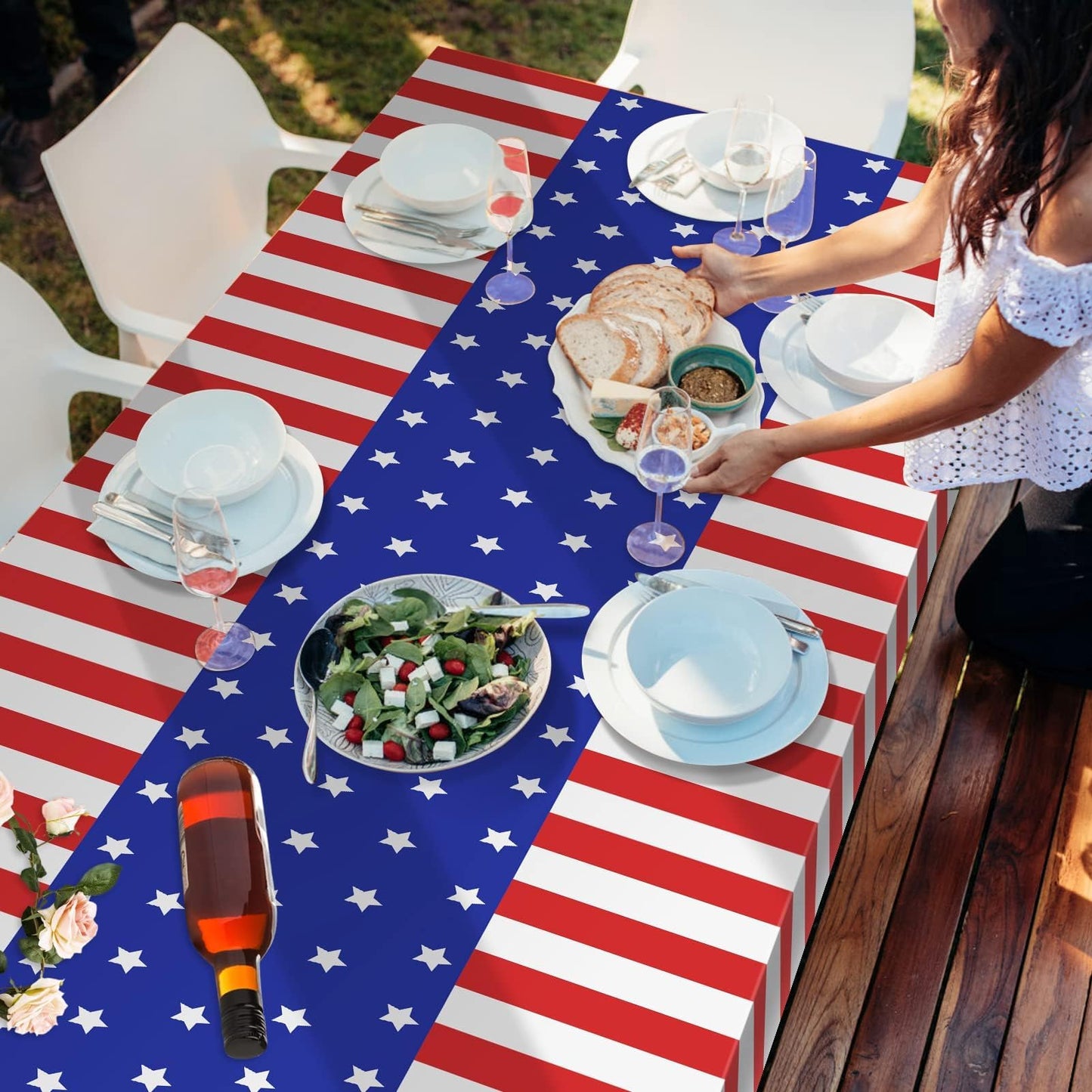 Childom 2 Pack Patriotic Tablecloths,Patriotic Decorations 54" x 108" Disposable American Flag Tablecloths for Event Accessories,Plastic Table Cloth for Veterans,July 4th,Picnic,Dinner,Party Supplies