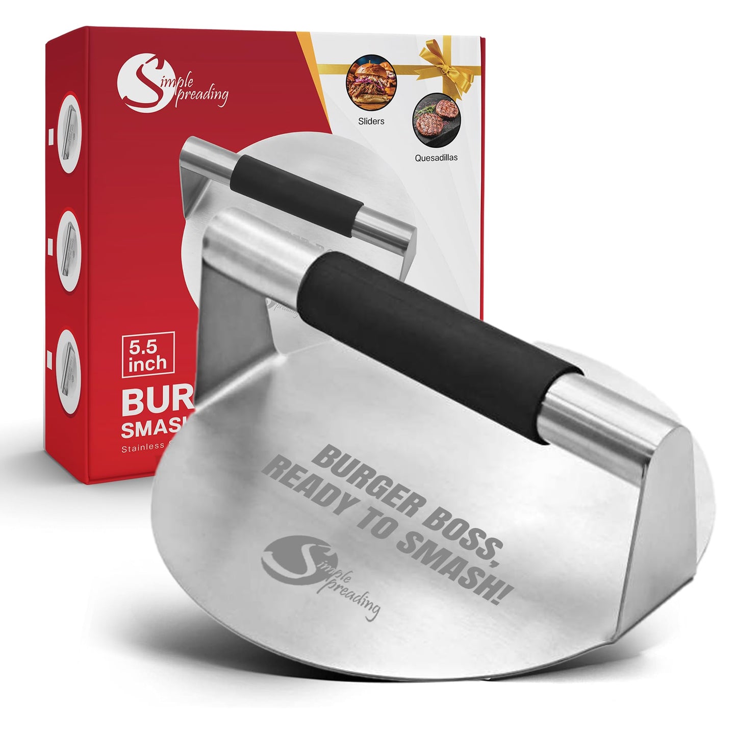 Simple preading Smash Burger Press with Fun Quotes - Stainless Steel Hamburger Smasher for Griddle & Grill Press, Perfect for BBQ, Flat Tops, Patty Making, (5.5" XL, Burger Boss)
