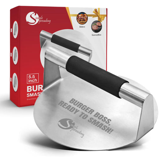 Simple preading Smash Burger Press with Fun Quotes - Stainless Steel Hamburger Smasher for Griddle & Grill Press, Perfect for BBQ, Flat Tops, Patty Making, (5.5" XL, Burger Boss)