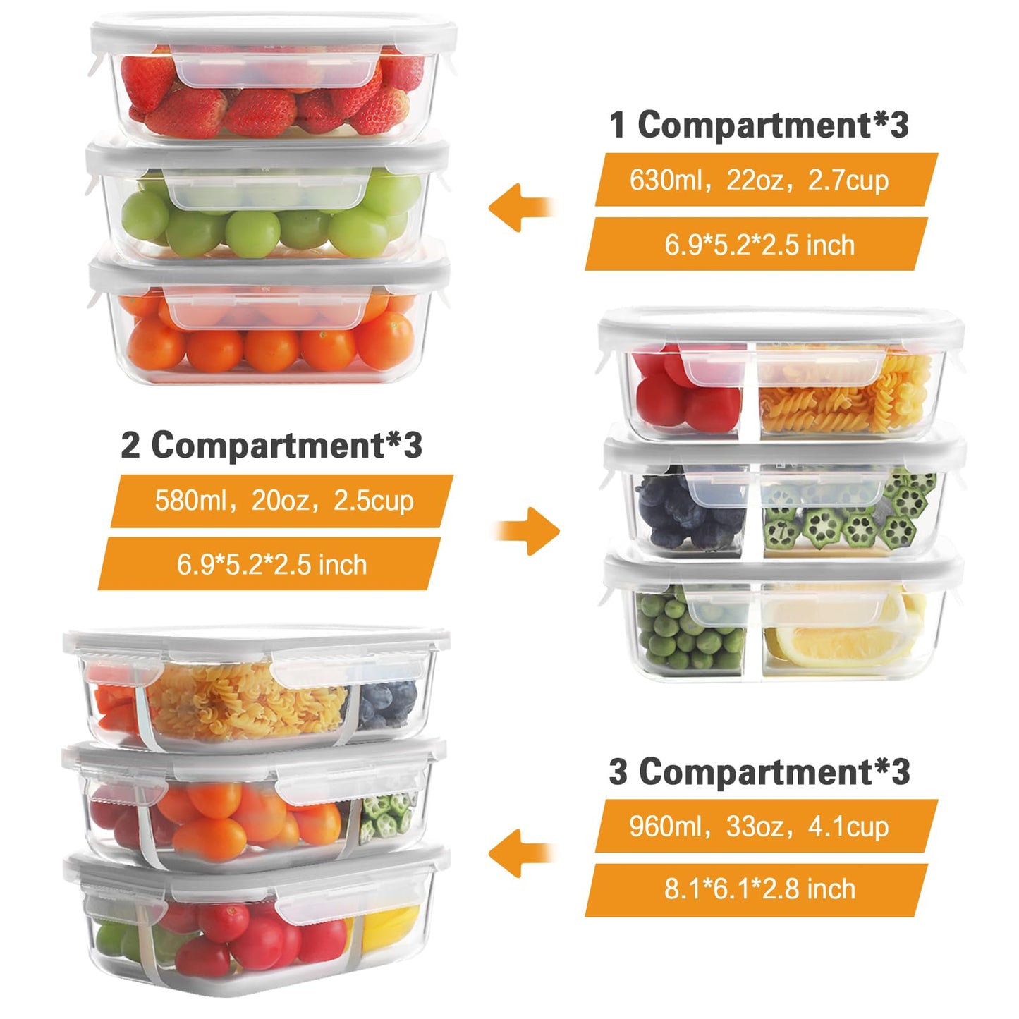 Bayco 9 Pack Glass Meal Prep Containers 3 & 2 & 1 Compartment, Glass Food Storage Containers with Lids, Airtight Glass Lunch Bento Boxes, BPA-Free & Leak Proof (9 lids & 9 Containers) - Grey