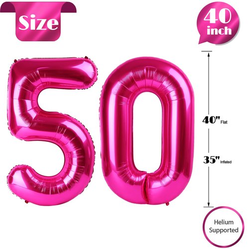 Hot Pink Number 50 Balloon 40 inch, 50 Number Balloons, 50th Birthday Decorations, 50 Year Old Women Hot Pink Party Supplies