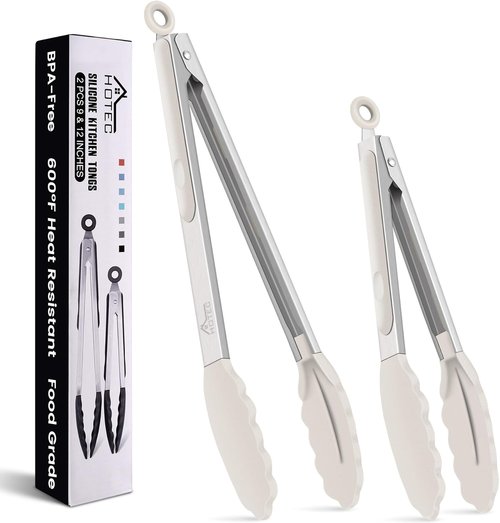 HOTEC Premium Stainless Steel Kitchen Tongs - Set of 2 (9" & 12") with Silicone Tips in Khaki