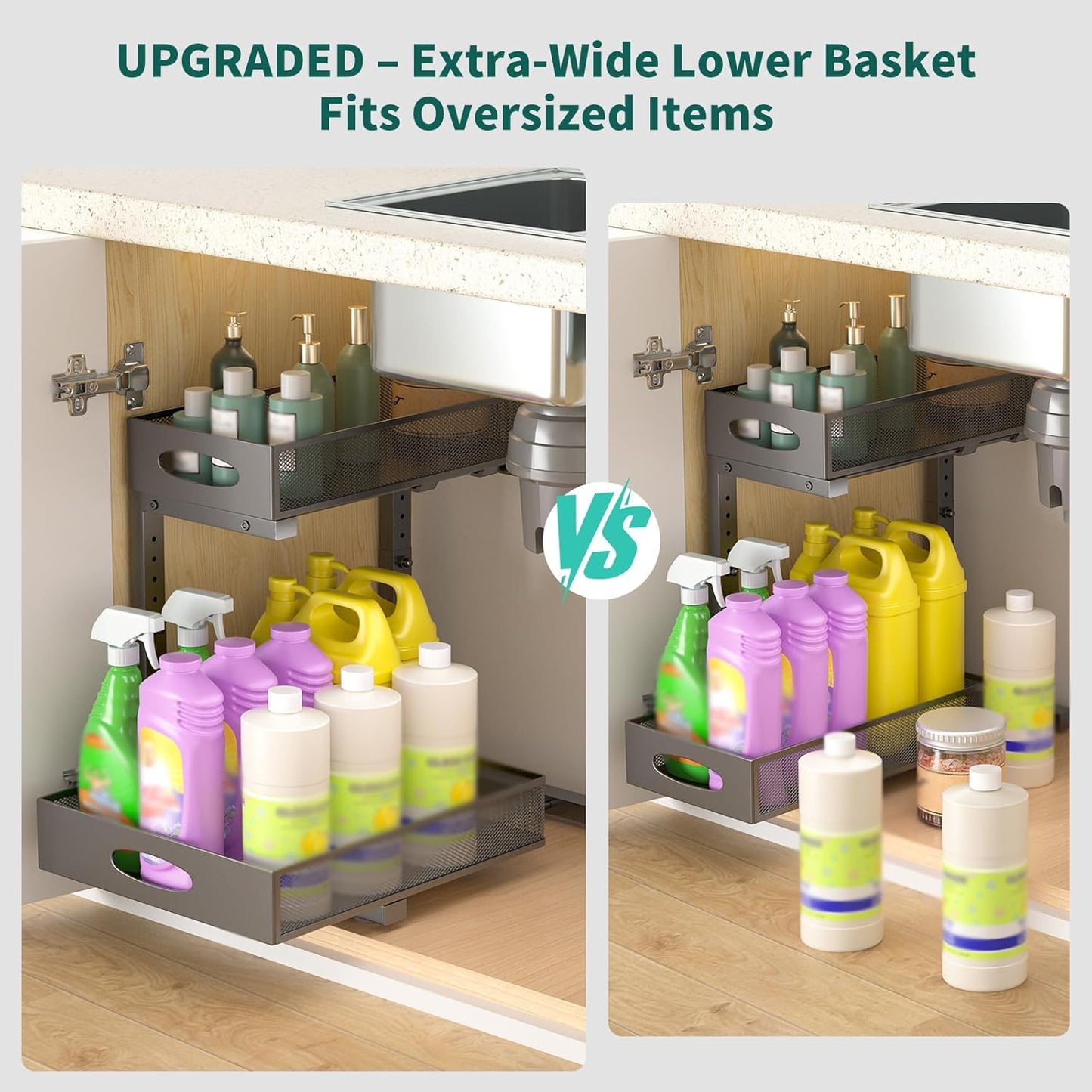 Under Sink Organizer by Extra-Wide - 2-Tier Metal Slide-Out Cabinet Storage | Height Adjustable, Black