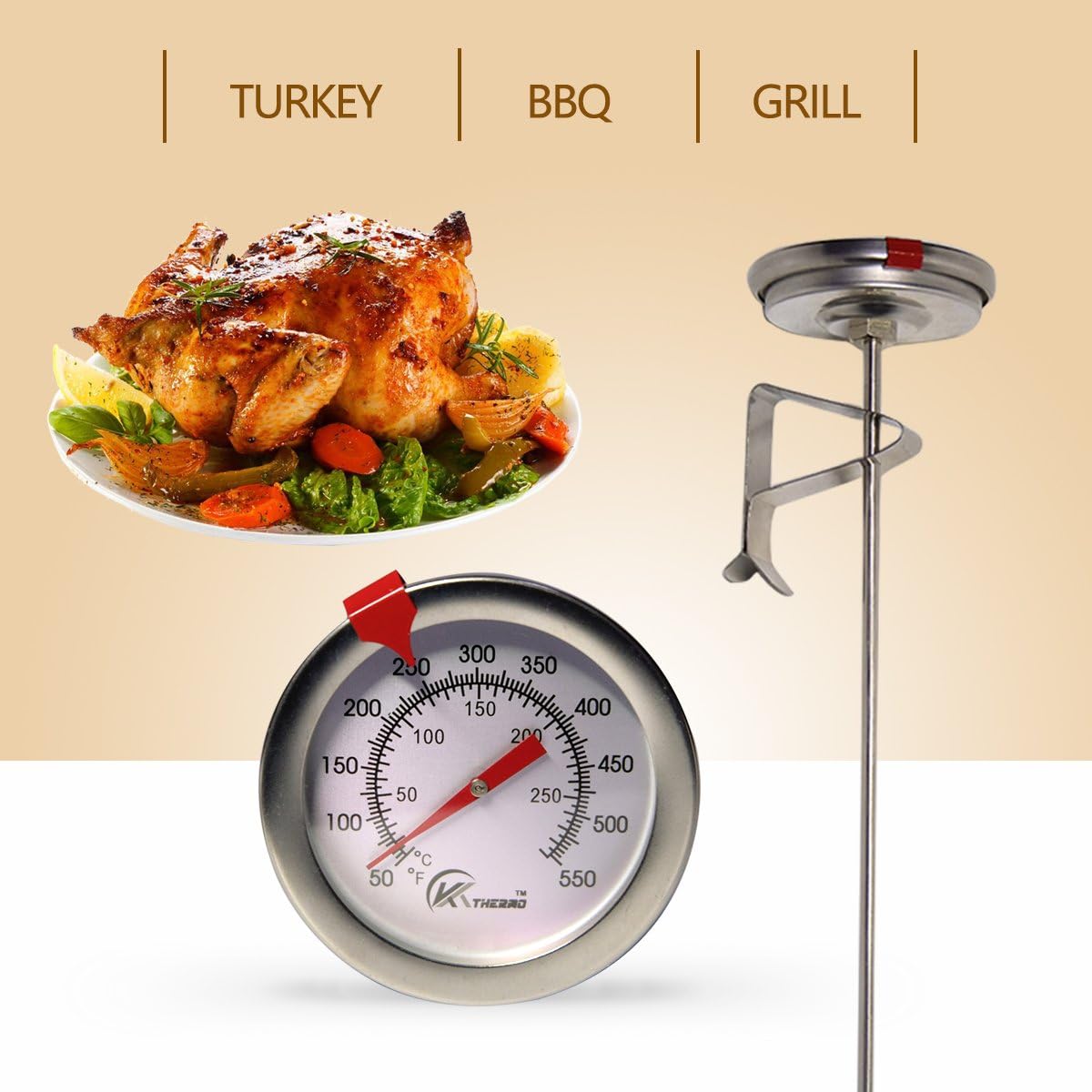KT THERMO Candy & Deep Fry Thermometer - Instant Read Dial with 12" Stainless Steel Stem | Ideal for Turkey & BBQ Cooking