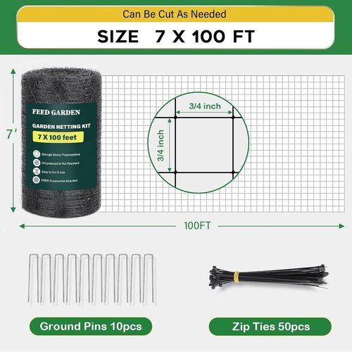 FEED GARDEN Heavy Duty Deer Netting - UV-Protected 7x100ft Garden Fence with 3/4" Fine Mesh & Accessories