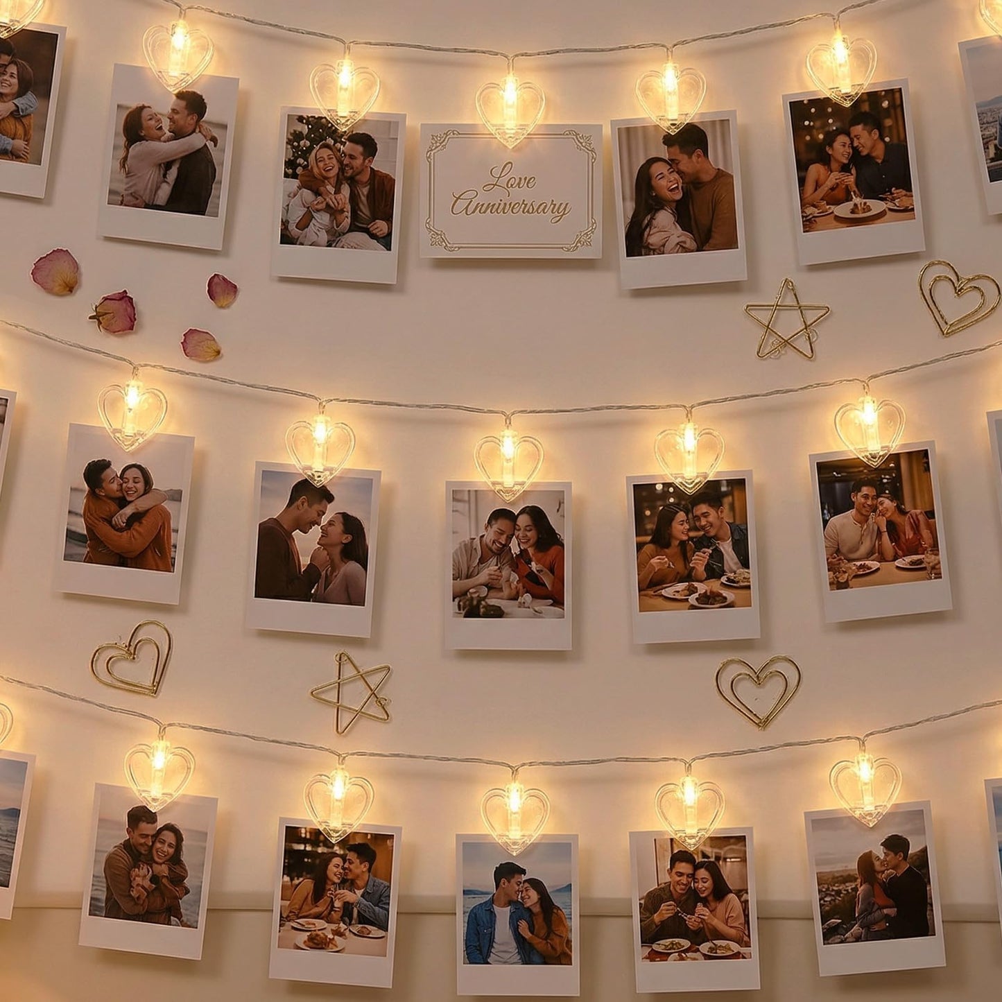 20 Photo String with Clips for Hanging Pictures,9.85Ft Clear Photo Clip Lights for Indoor/Outdoor Wall Bedroom Wedding Birthday Party Home Decorations (Heart)
