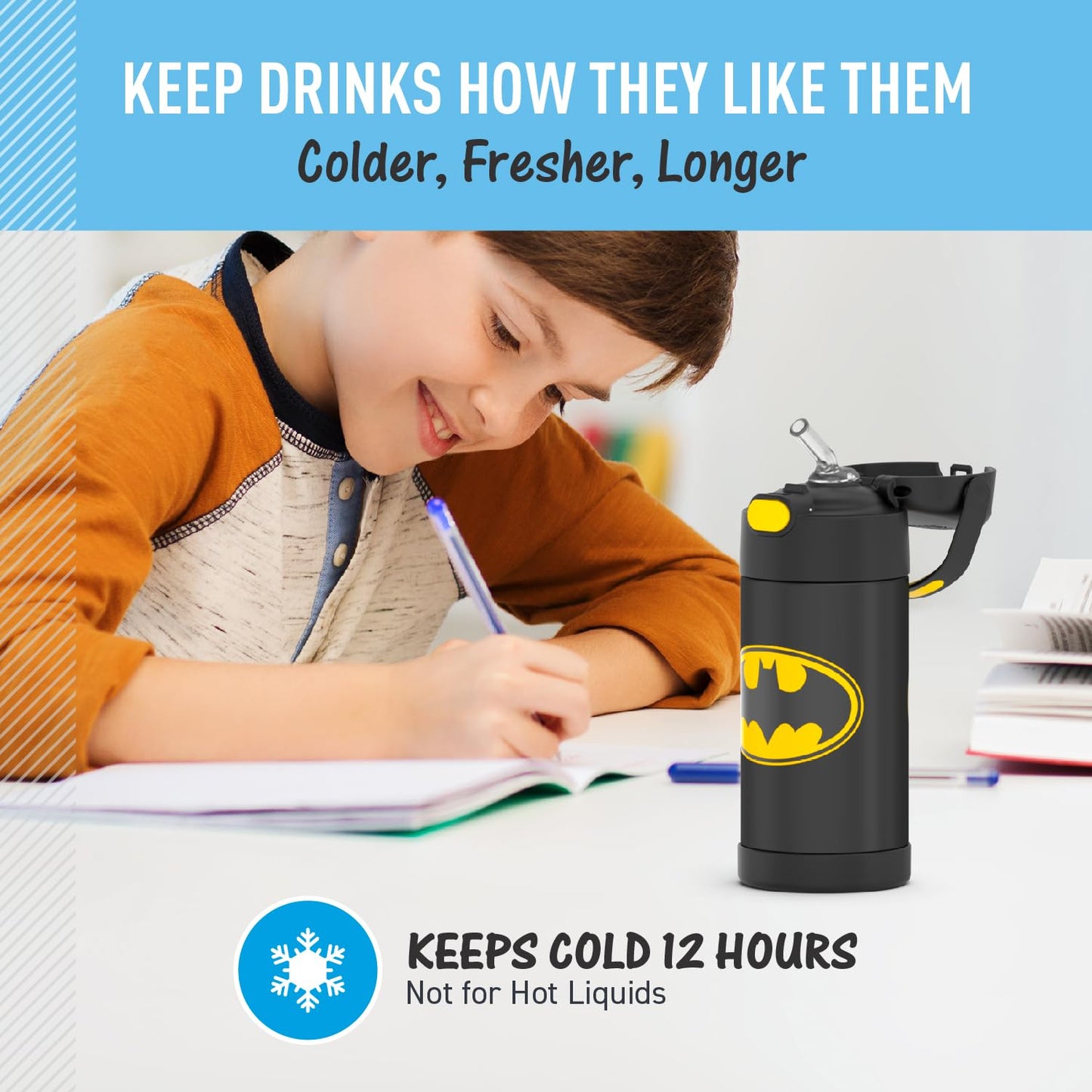 THERMOS FUNTAINER Water Bottle with Straw - 12 Ounce - Kids Stainless Steel Vacuum Insulated Water Bottle with Lid, Batman