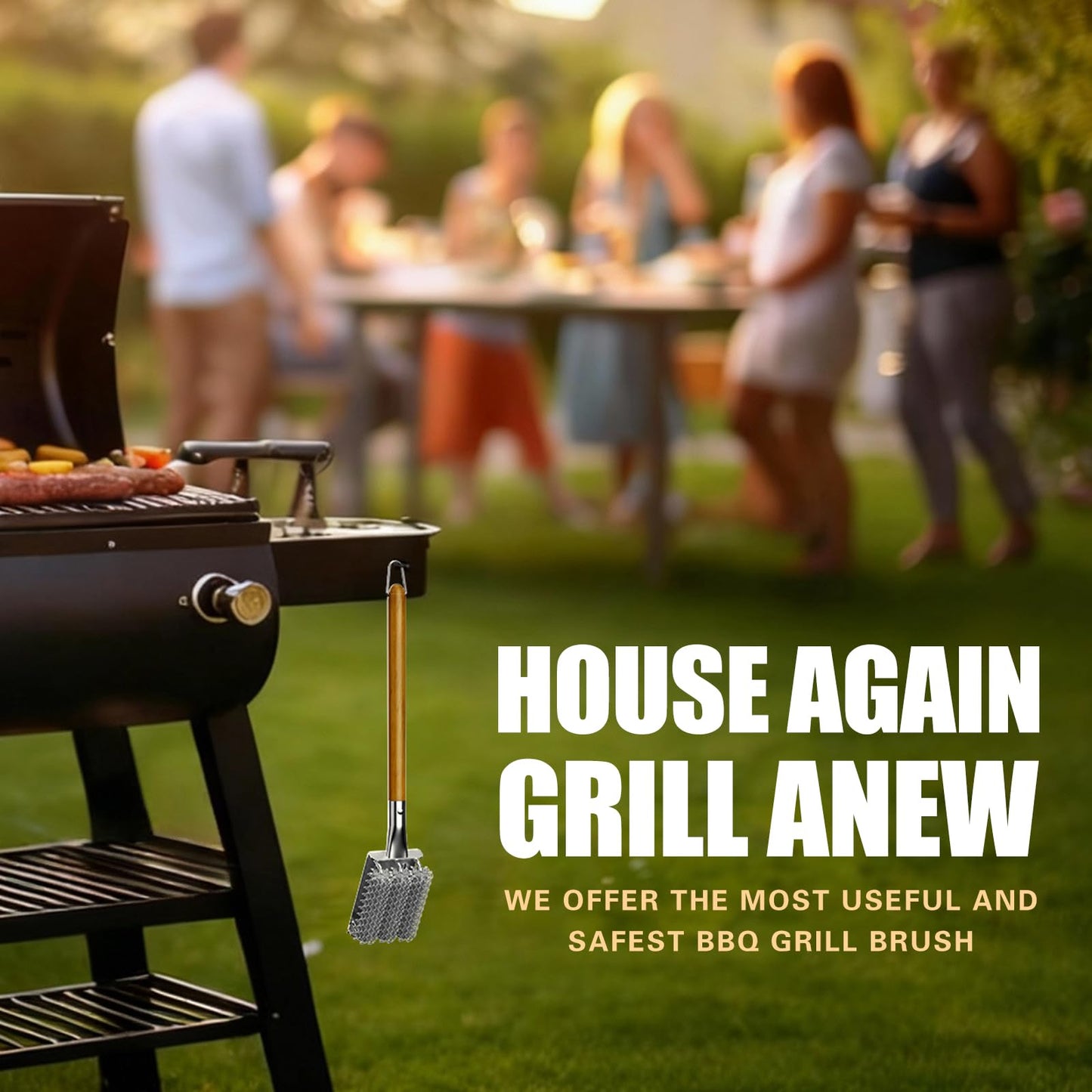 HOUSE AGAIN Grill Brush Bristle Free, Stainless Steel Food-Grade Brush Head with Scraper, Safe Steam BBQ Outdoor Grill Cleaning Brush Barbecue Grill Cleaner Non Wire for Grill Grate/Long Wood Handle