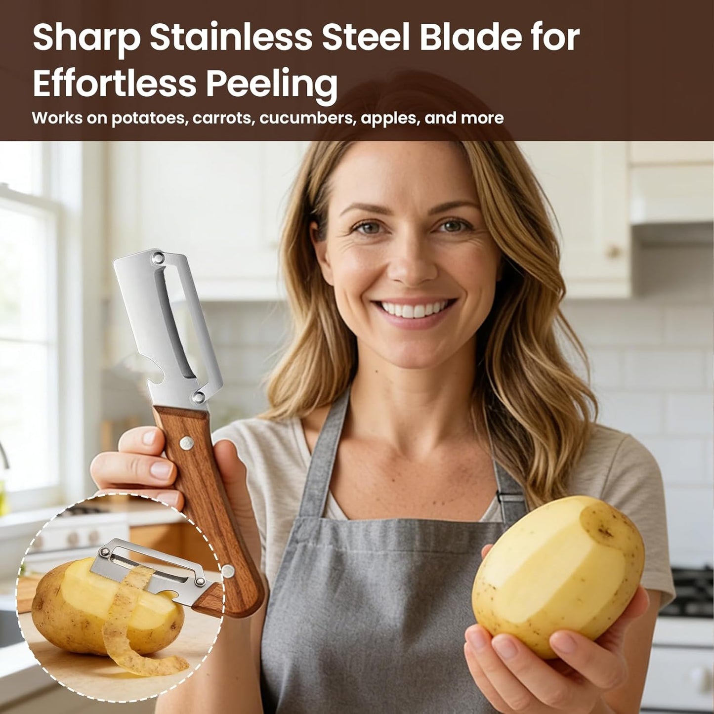 Sakerplus 2-in-1 Vegetable Peeler - Multifunctional Potato Peeler with Wooden Handle & Stainless Steel Blade