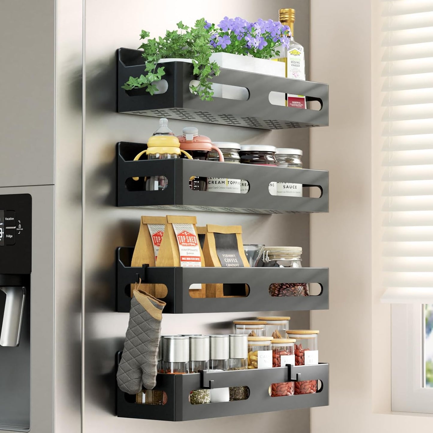 Sevenblue Magnetic Spice Rack - 4 Pack Strong Magnetic Shelf with Hooks for Kitchen & Bathroom Organization - Black