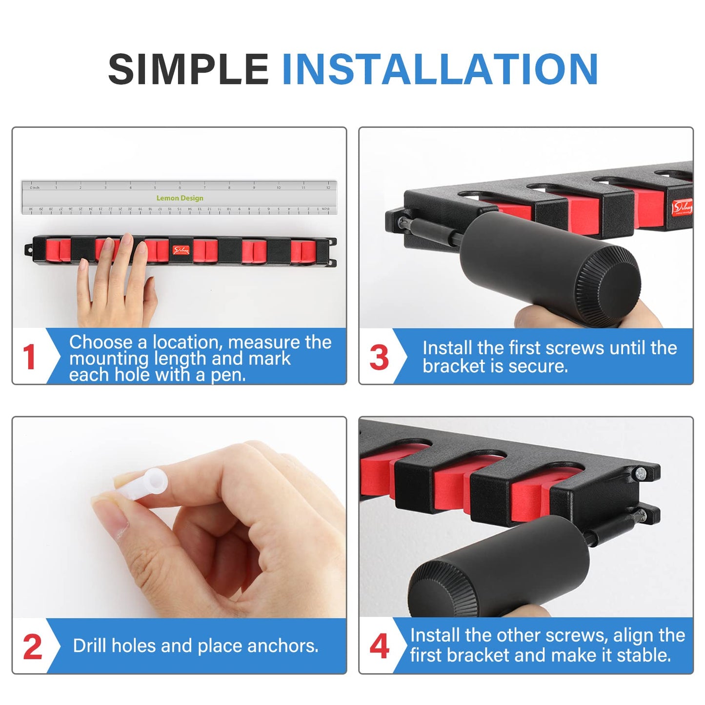Simple Deluxe Horizontal Fishing Rod Holders Wall-Mounted - Fishing Rod Rack Great Fishing Pole Holder for Garage, Fishing Rod Rack Holds Up to 6 Rods, 13.6'' Red, 1 Pair Simple Deluxe
